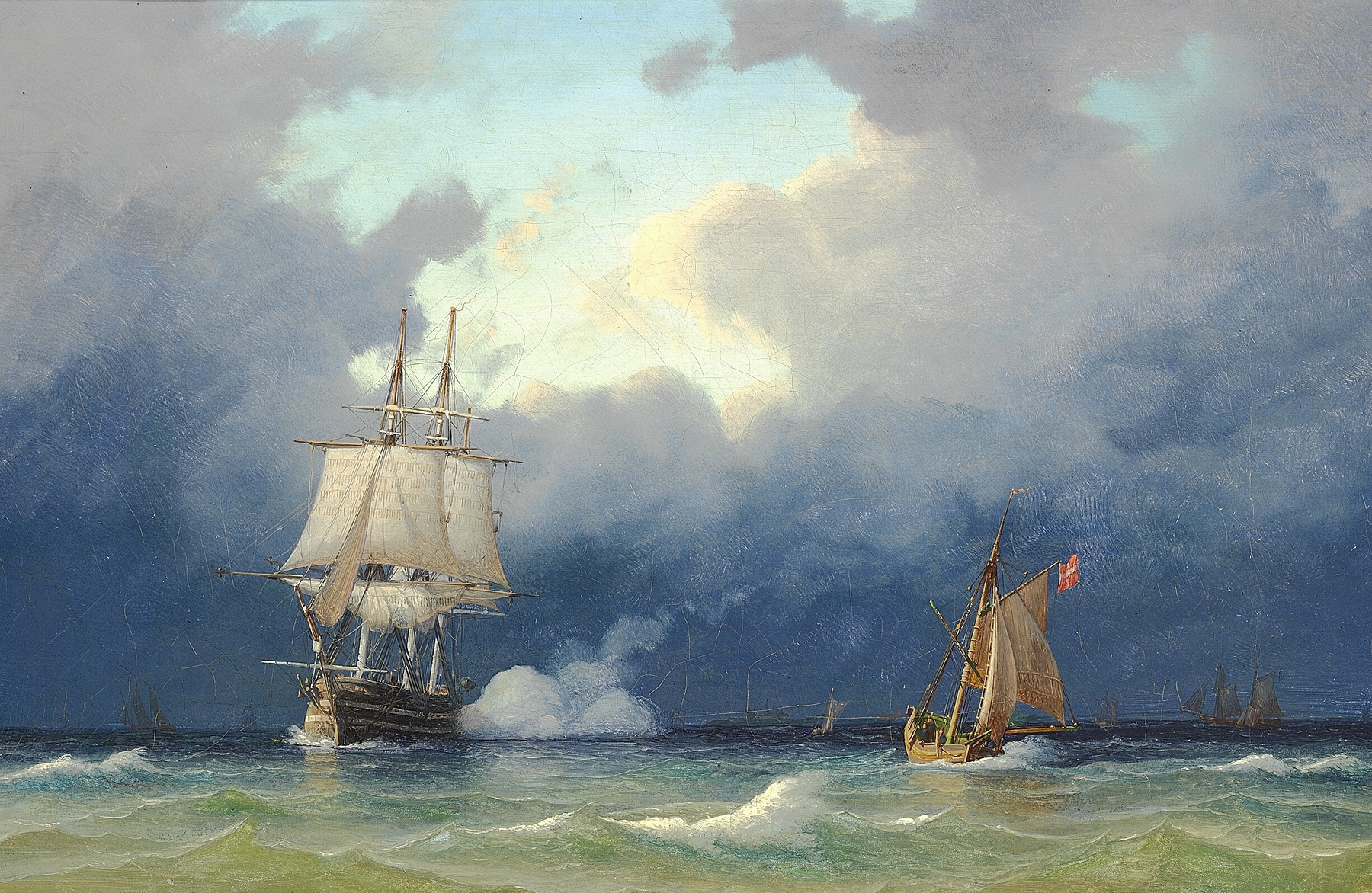 Skibe på havet, optrækkende uvejr, by Anton Melbye, public domain