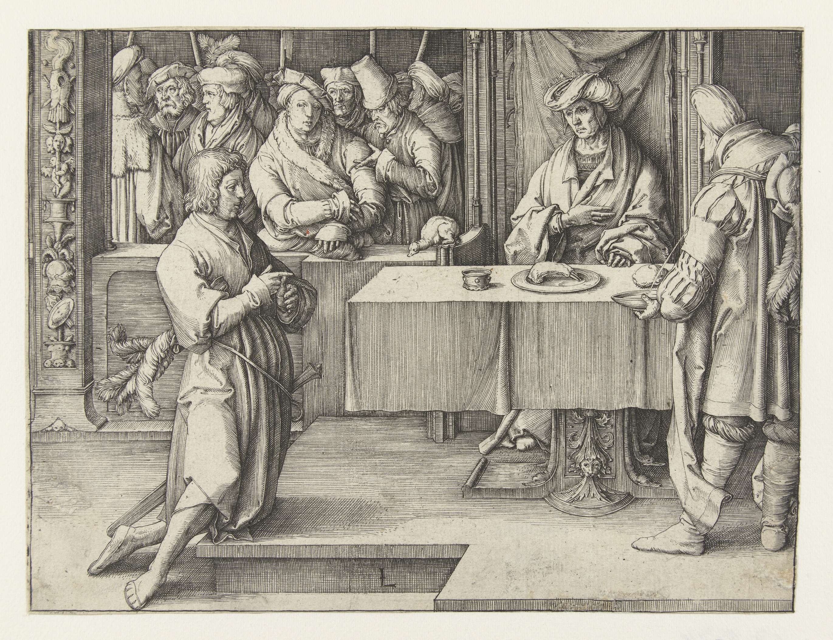 Engraving by Lucas van Leyden depicting Joseph interpreting Pharaoh's dreams