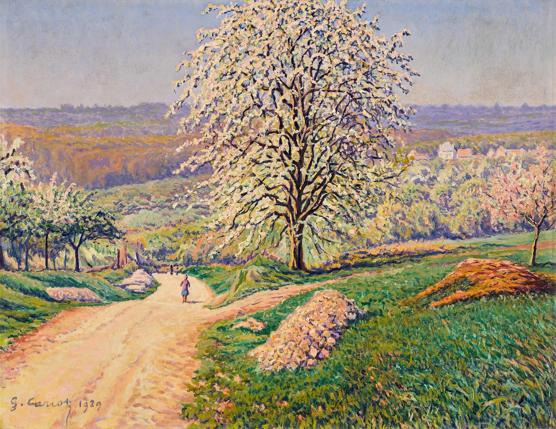 Les Pommiers en fleur, oil on canvas by Gustave Cariot, featuring pink and white blossoms.