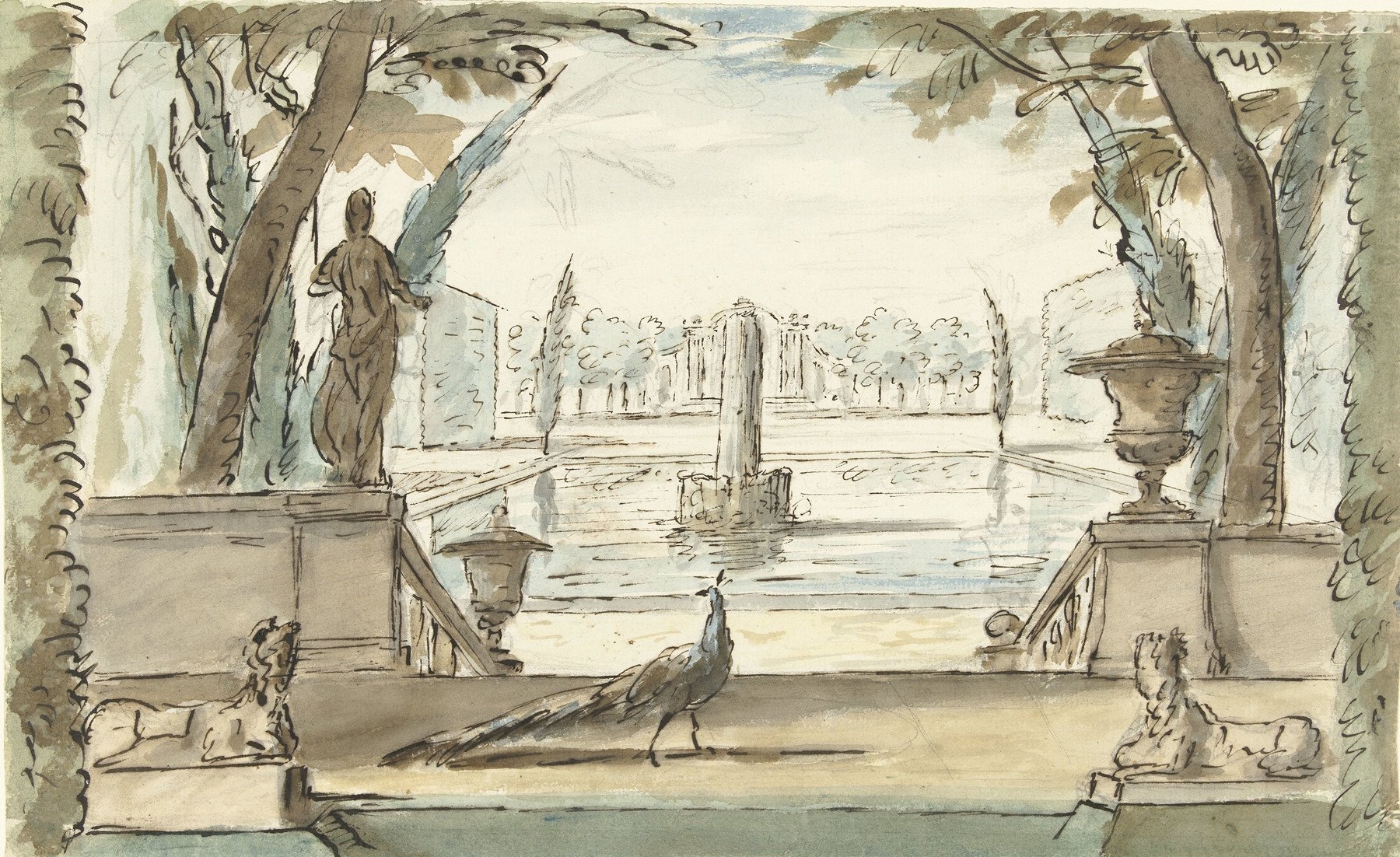 Gezicht in een tuin met een vijver, een fontein en een pauw, by Elias van Nijmegen, public domain