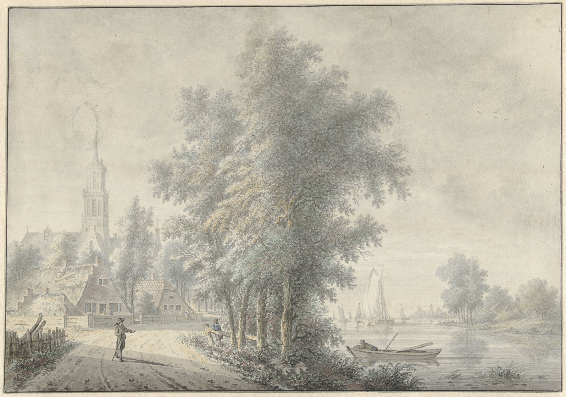 Landscape featuring a village with a church tower by Nicolaas Wicart
