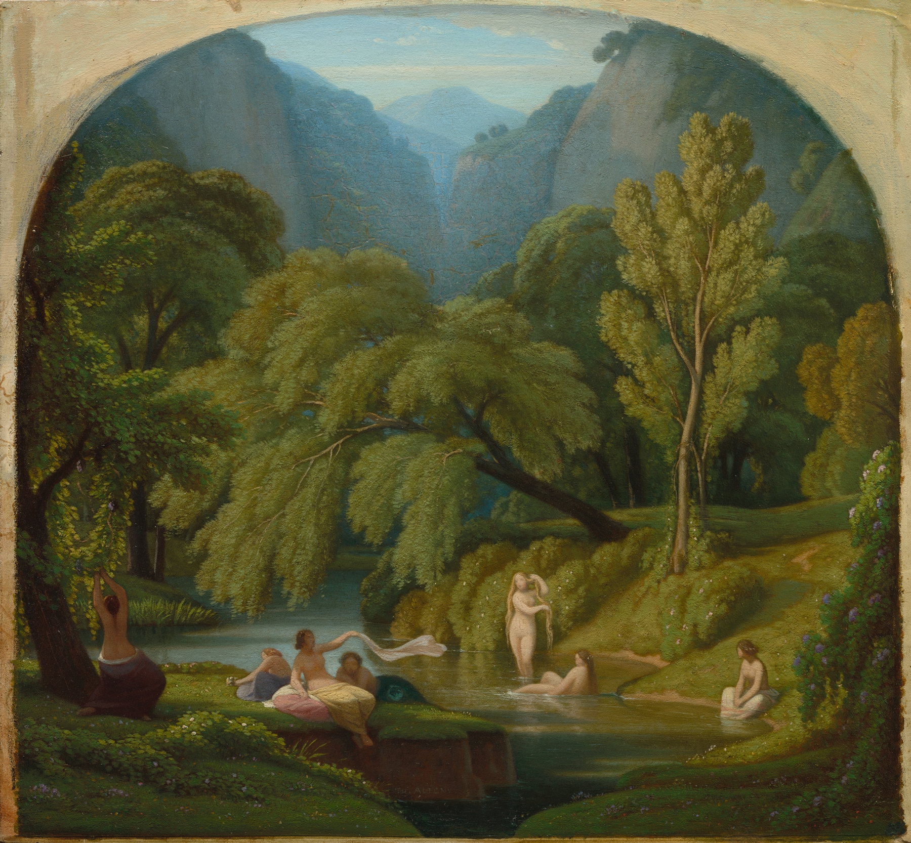 The Bathers by Théodore Caruelle d'Aligny, oil painting depicting figures by a tranquil river.