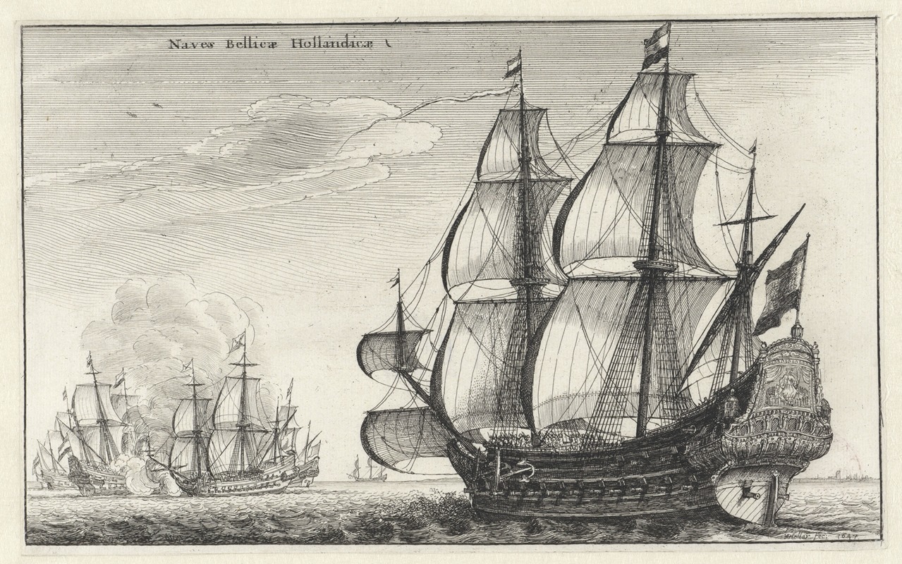 A detailed etching depicting Dutch warships in a marine setting.