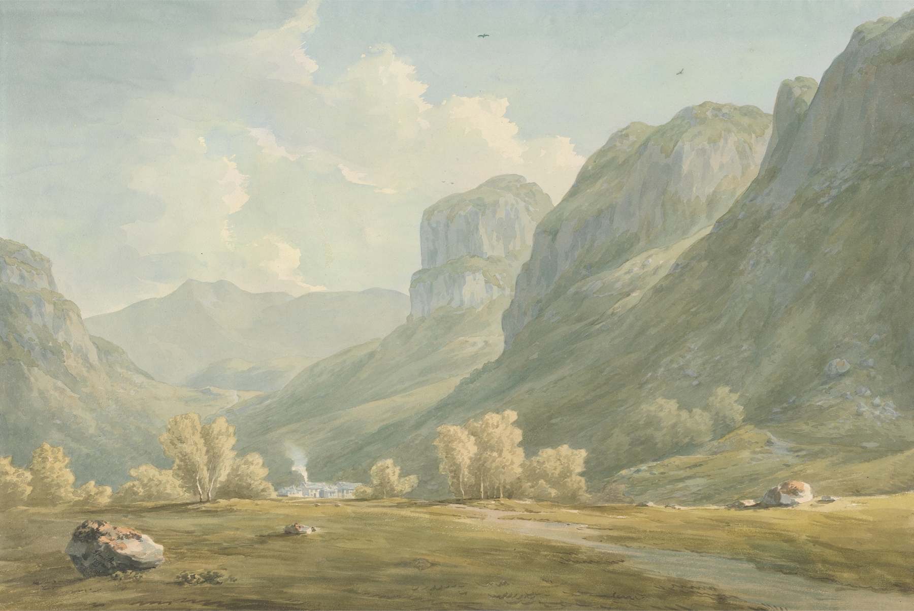 Village of Stonethwaite and Eagle Cragg, Borrowdale by John Warwick Smith, landscape oil painting