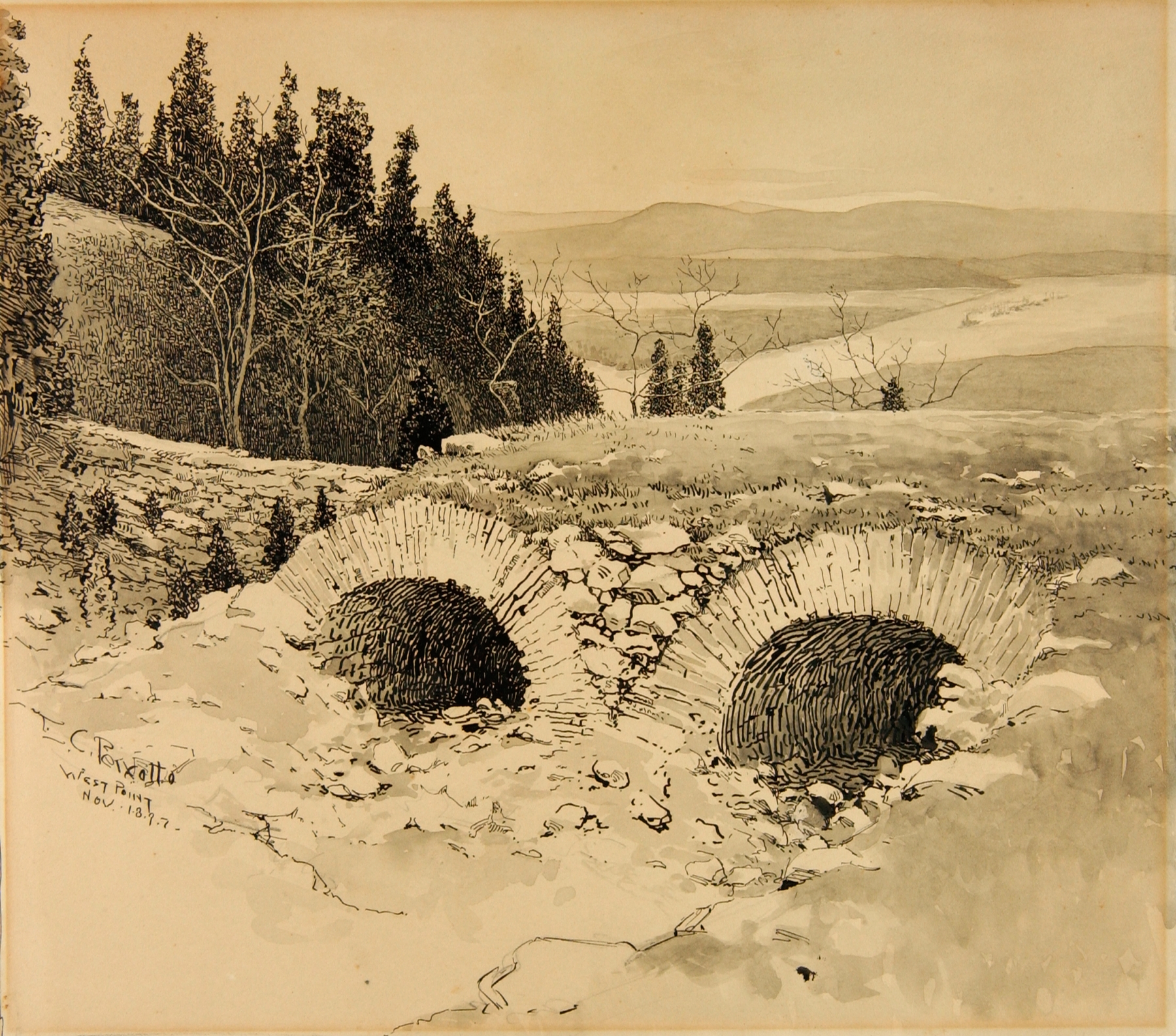 West Point by Ernest Peixotto, oil on canvas depicting a river and forest under sunlight.