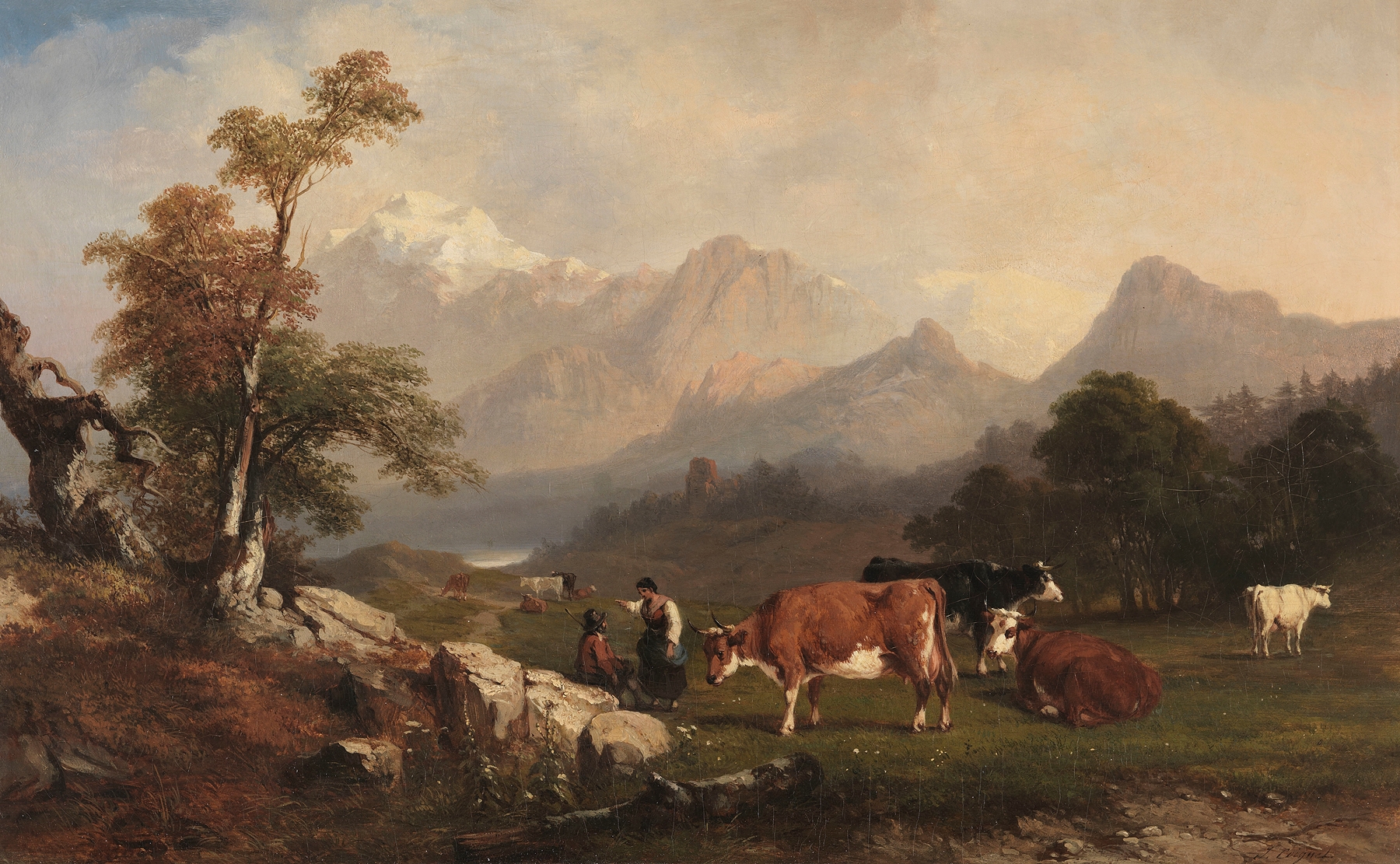 Alpine scene with cattle herders, by Jules Coignet, public domain