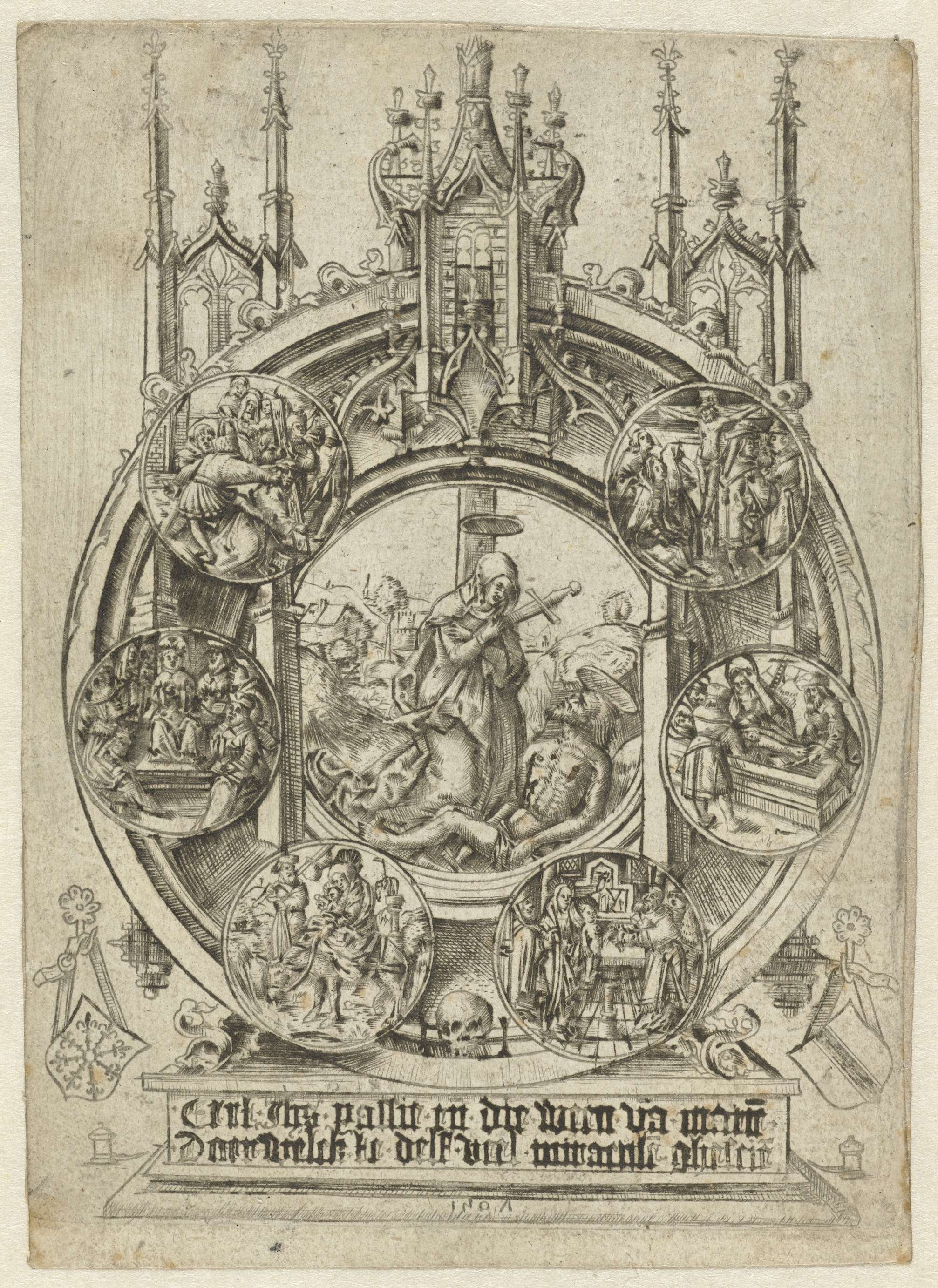 Engraving by Meester II met doodshoofd depicting the mourning of Christ in a shrine