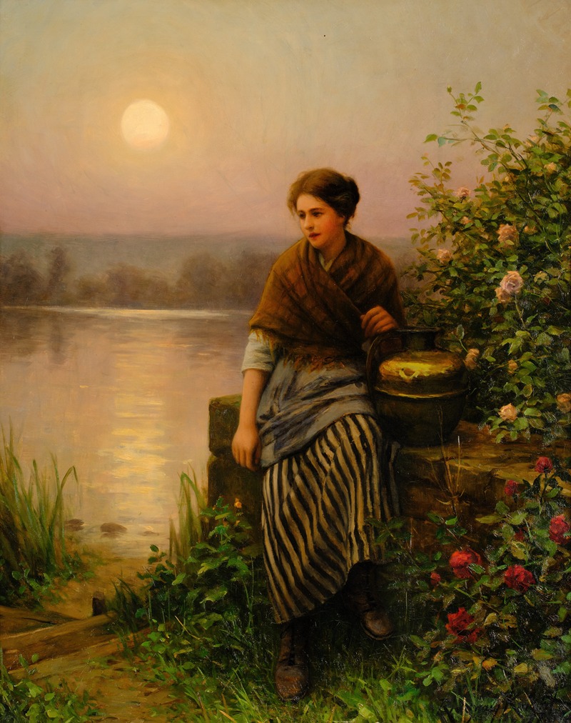 A woman gathers roses in a serene dusk setting.