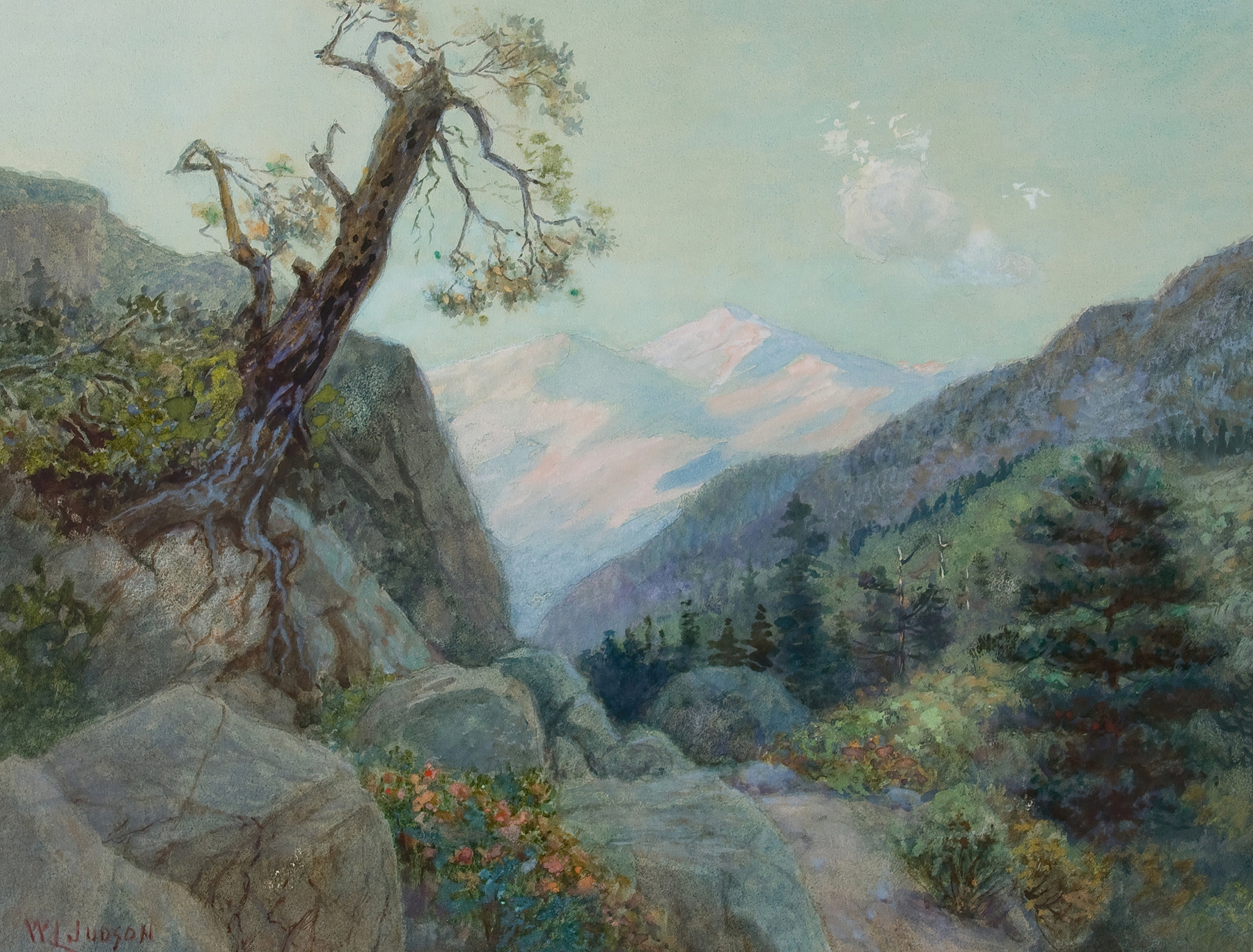 Mountain Trail by William Lees Judson, oil painting depicting a serene landscape with mountains.