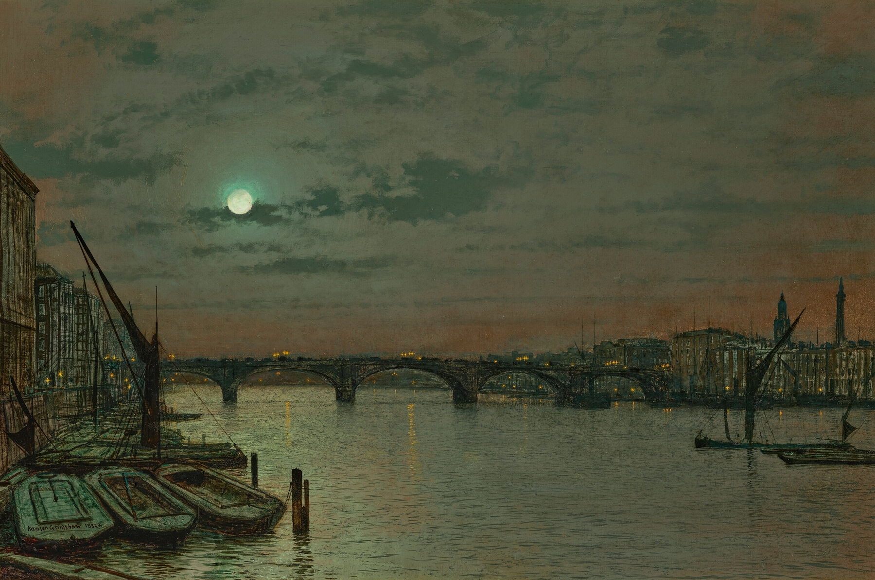 London Bridge by John Atkinson Grimshaw, oil on canvas, twilight scene with reflections on water