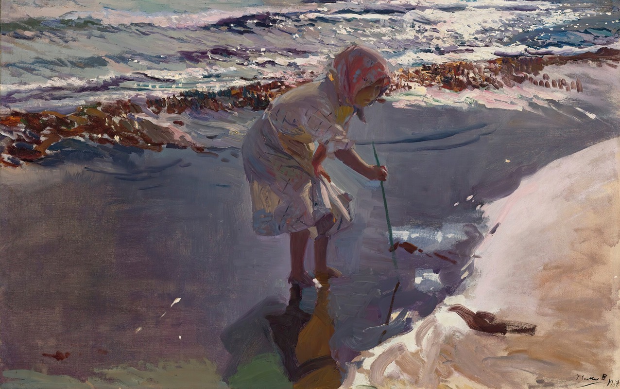 A lively beach scene with people searching for shellfish in Valencia.
