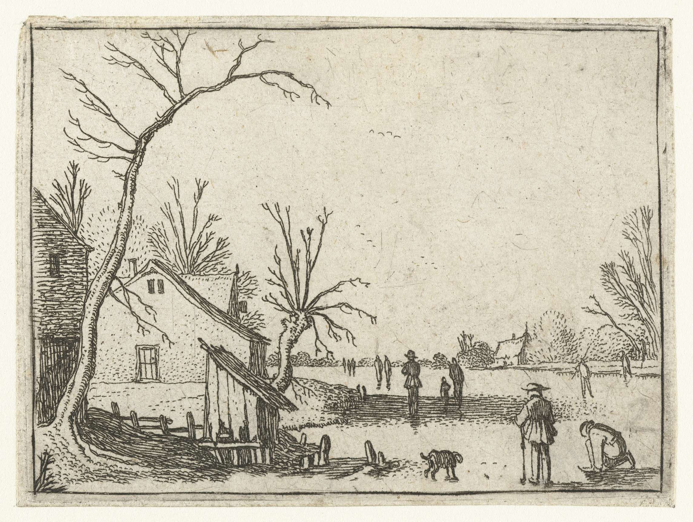 Boerderij bij bevroren rivier en schaatsers op het ijs, etching by Esaias van de Velde