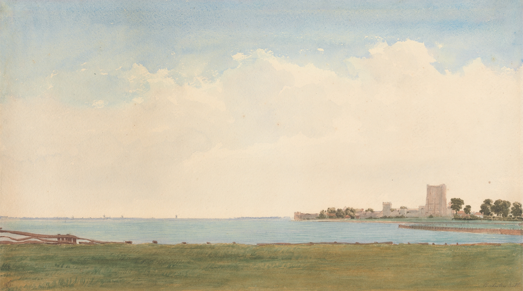 Oil painting by William Turner of Oxford depicting Porchester Castle and a village by the water.