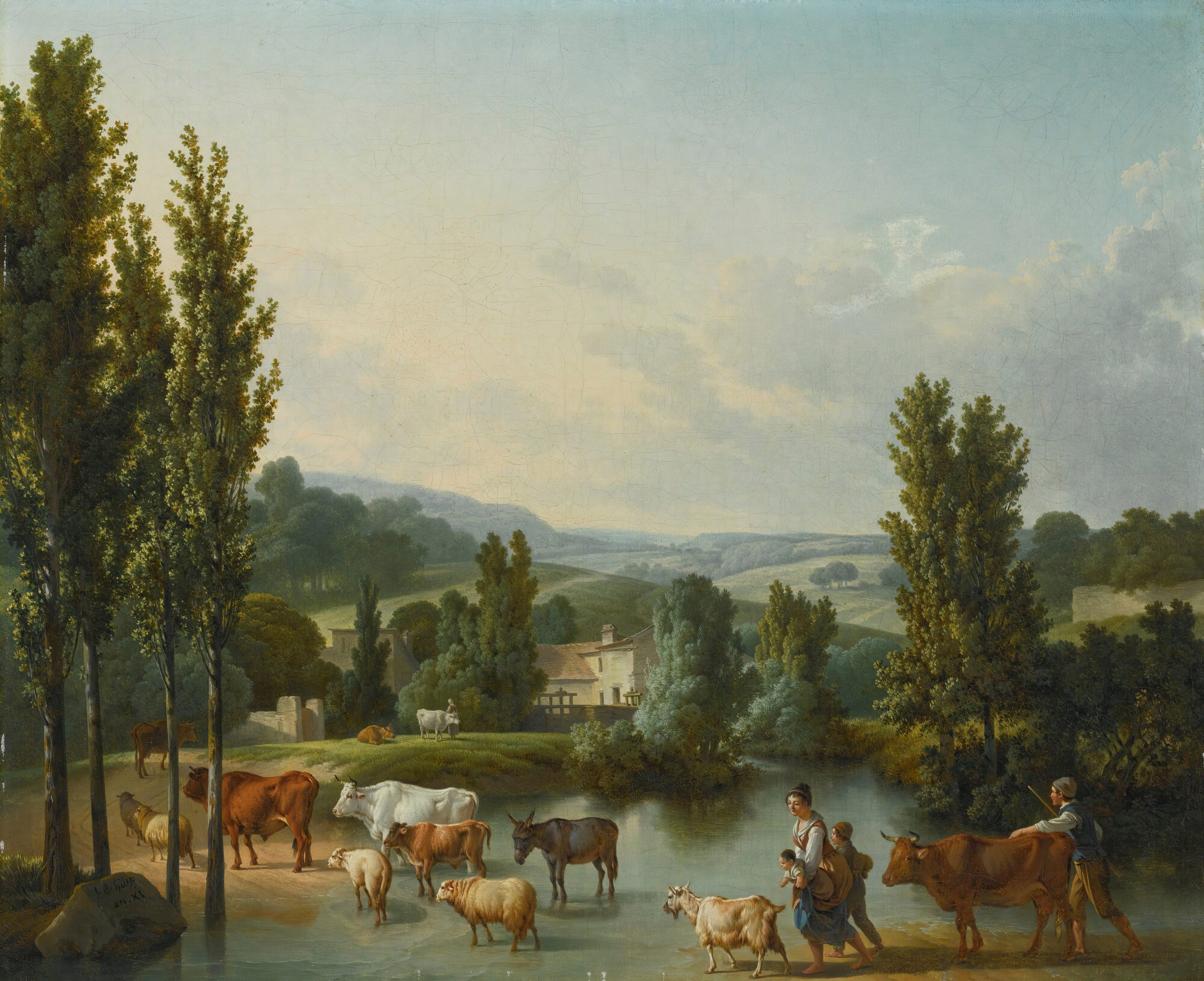 A shepherd and family with livestock fording a stream, oil painting by Jean-Baptiste Huet