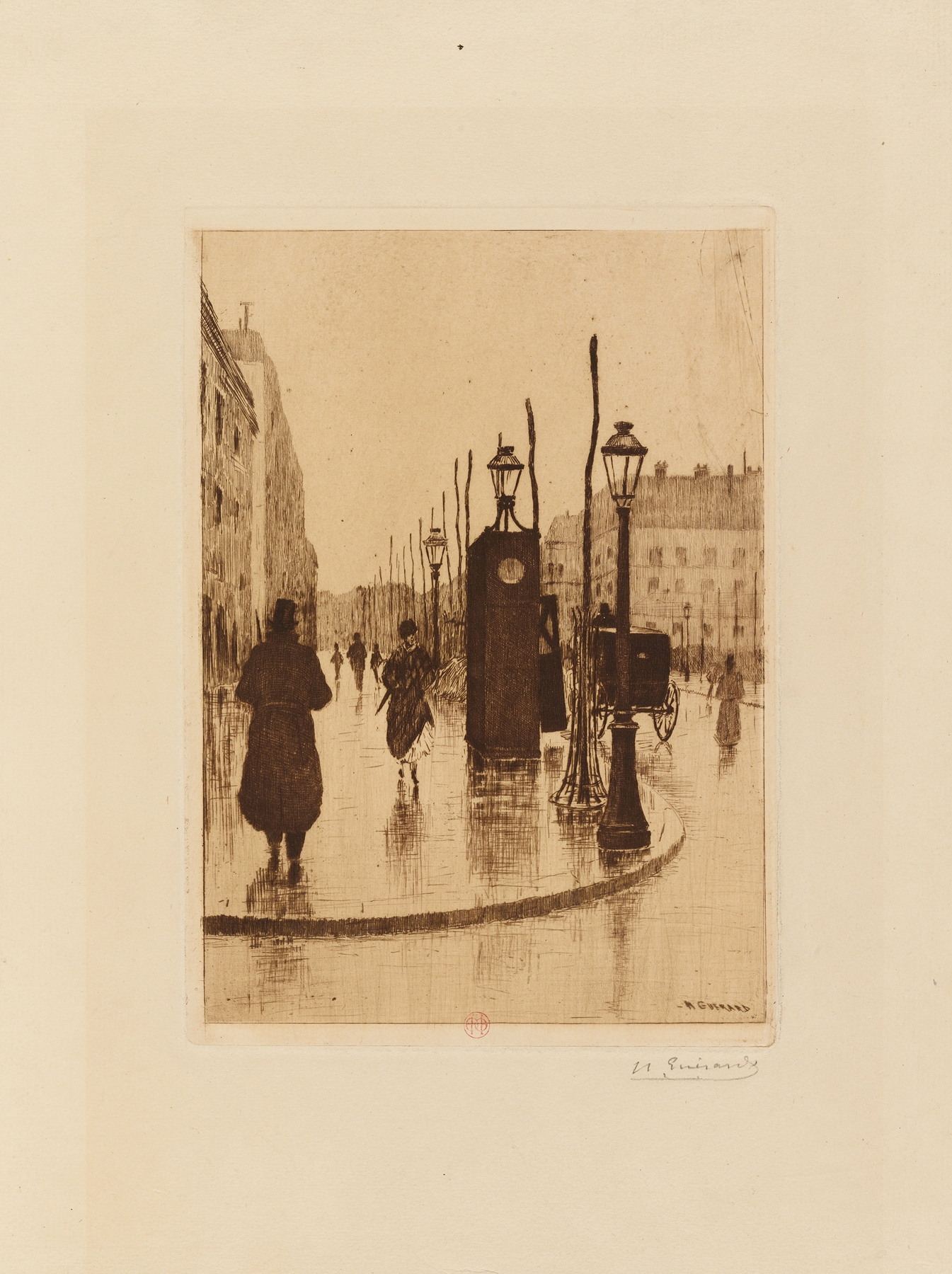 Avenue Trudaine by Henri-Charles Guérard, depicting a Parisian street scene in an unknown medium.