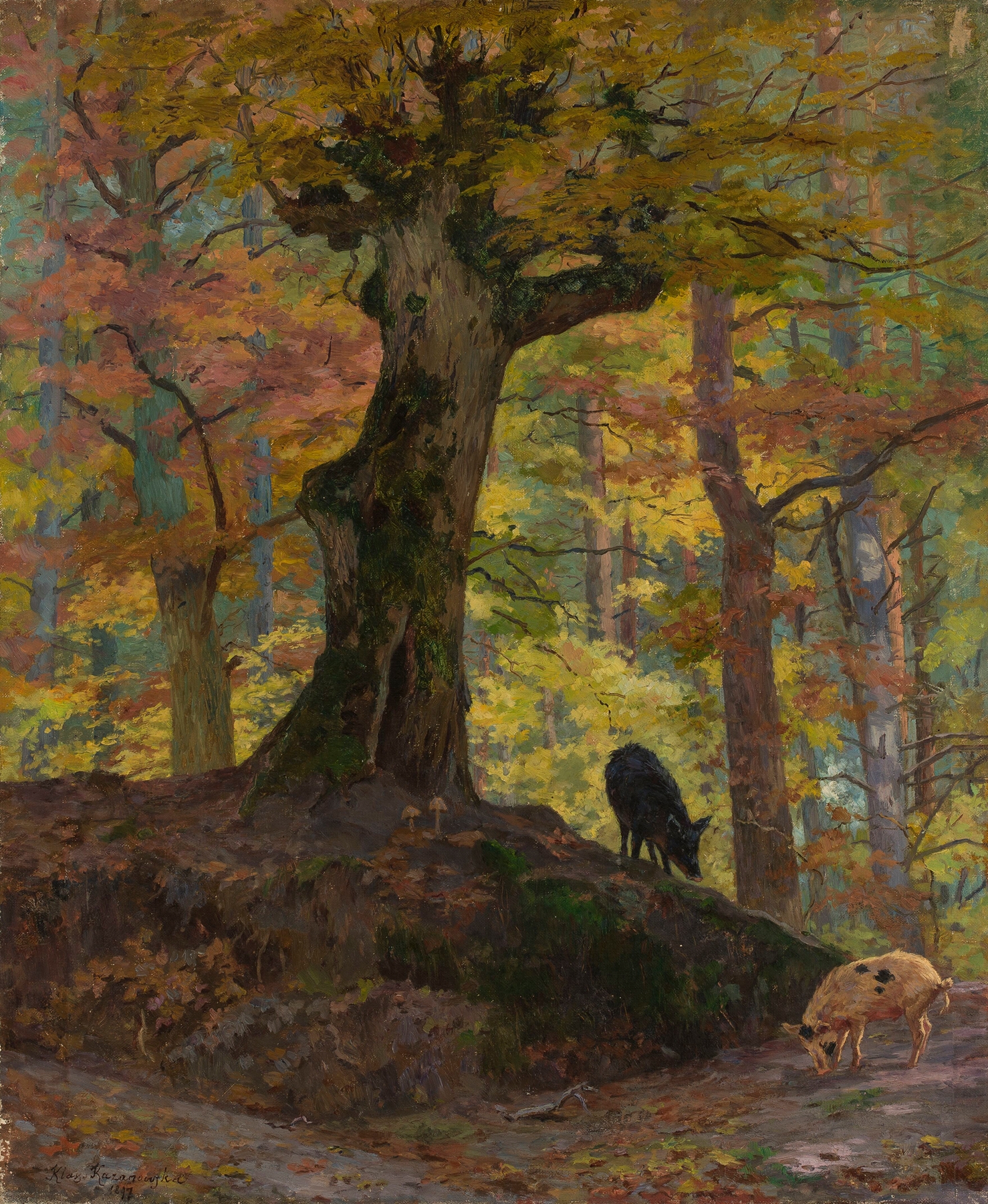 Wild pigs in a forest, realism by Maria Klass-Kazanowska