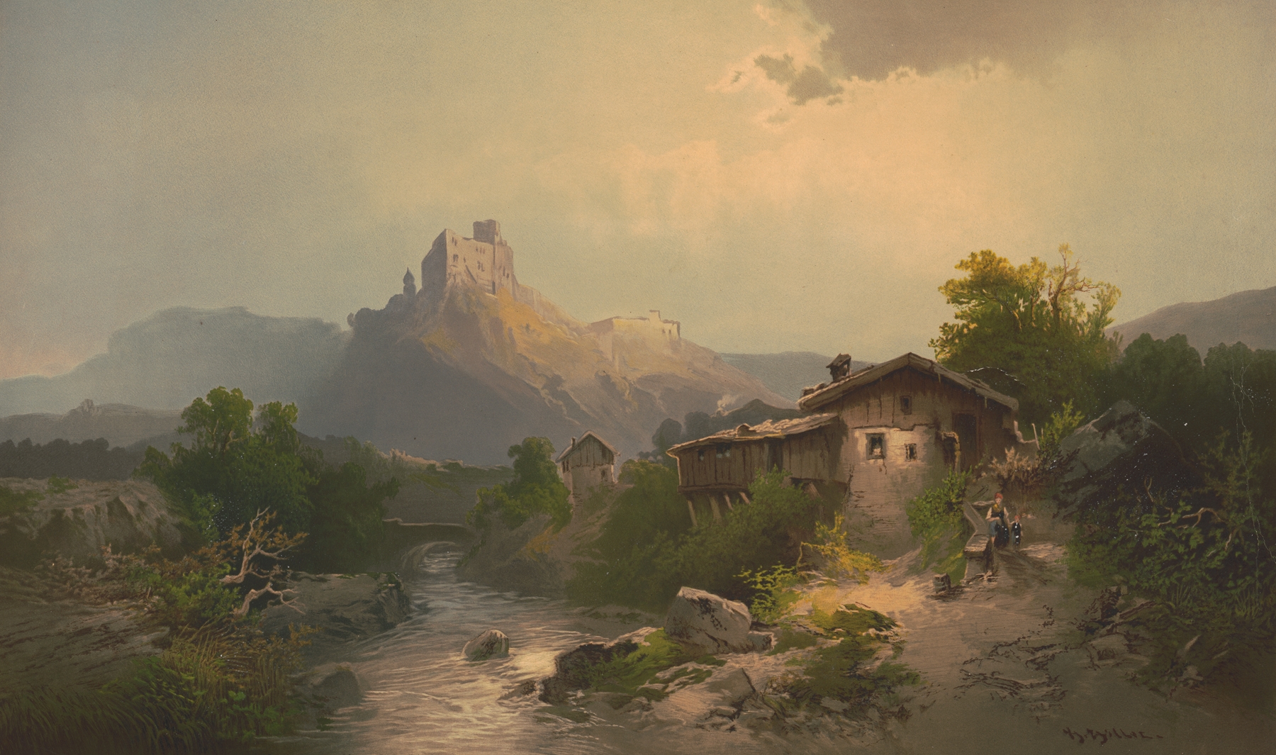Castle Landeck, oil on canvas by Edmund Foerster & Co., features a castle on a hillside at sunset.