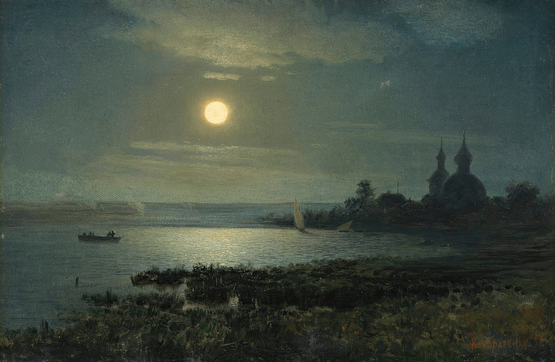 Moonrise Over The Lake by Gavril Pavlovich Kondratenko, oil painting depicting a serene lake at twilight