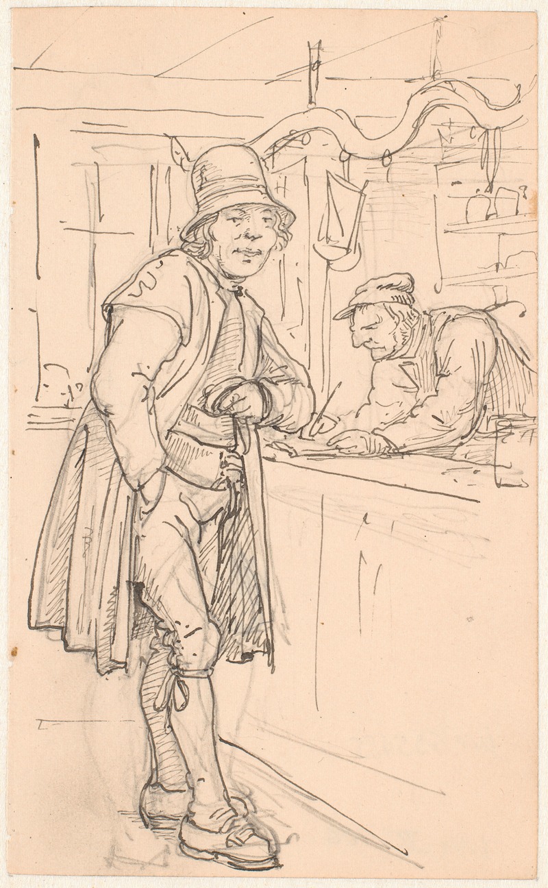 A depiction of a Swedish peasant at a merchant's shop.
