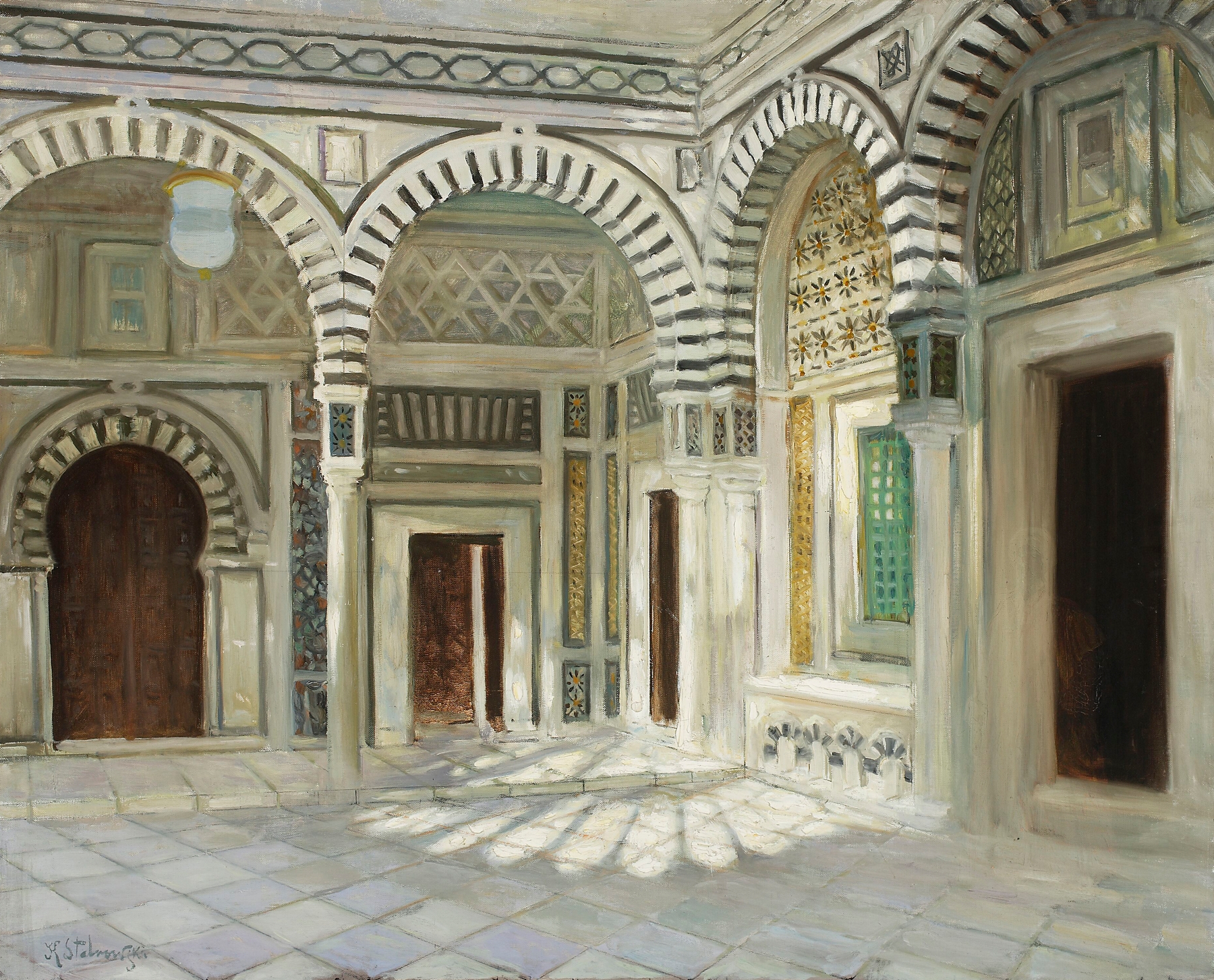 Mosque in Kairouan by Kazimierz Stabrowski, oil painting depicting a grand minaret and sky.