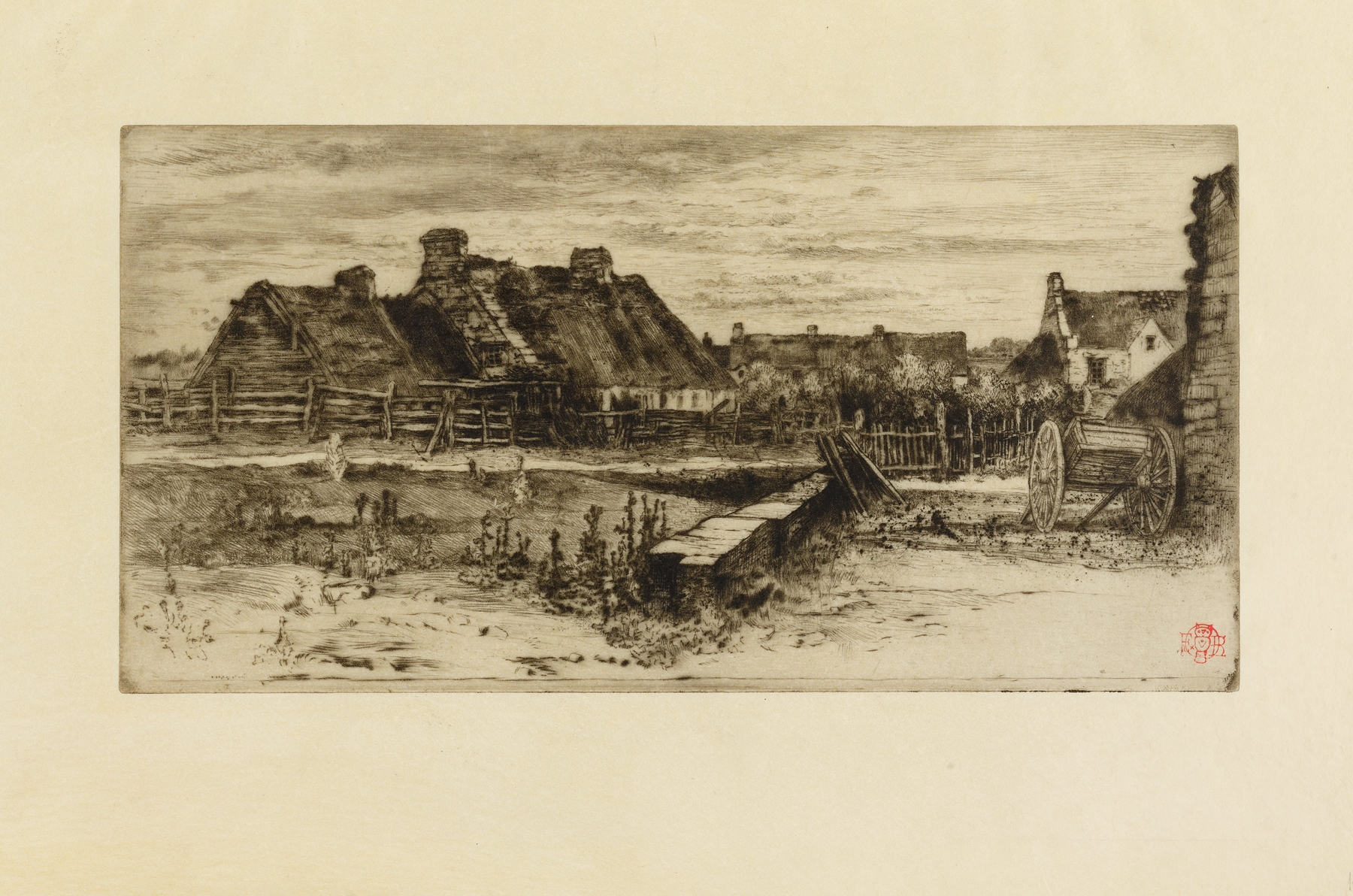 The Large Thatched Cottages, etching by Félix Hilaire Buhot, depicting sunlit cottages in a rural setting.
