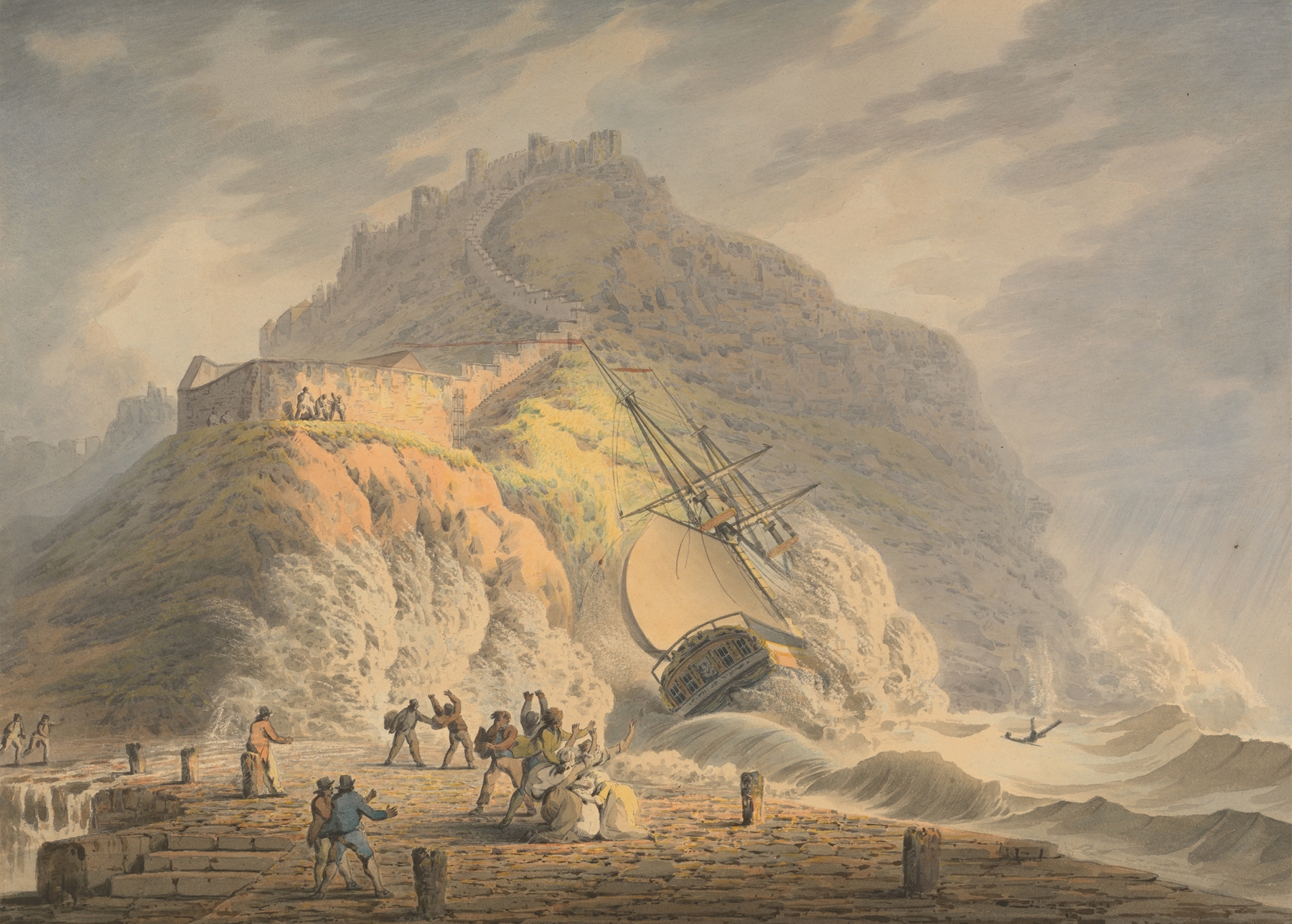 Shipwreck scene by Francis Nicholson, oil on canvas, depicting a ship against cliffs and turbulent waves.