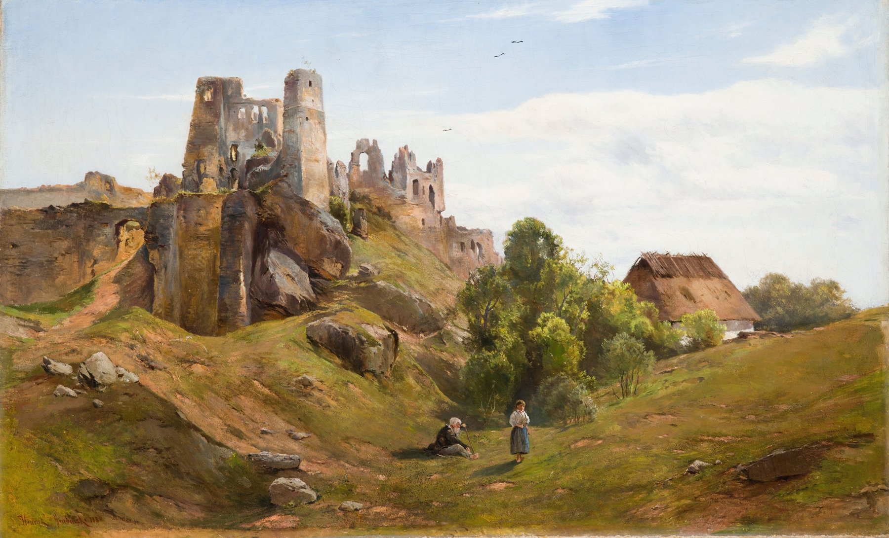 Ruins of Odrzykoń by Henryk Grabiński, oil on canvas depicting crumbling architecture and lush greenery.