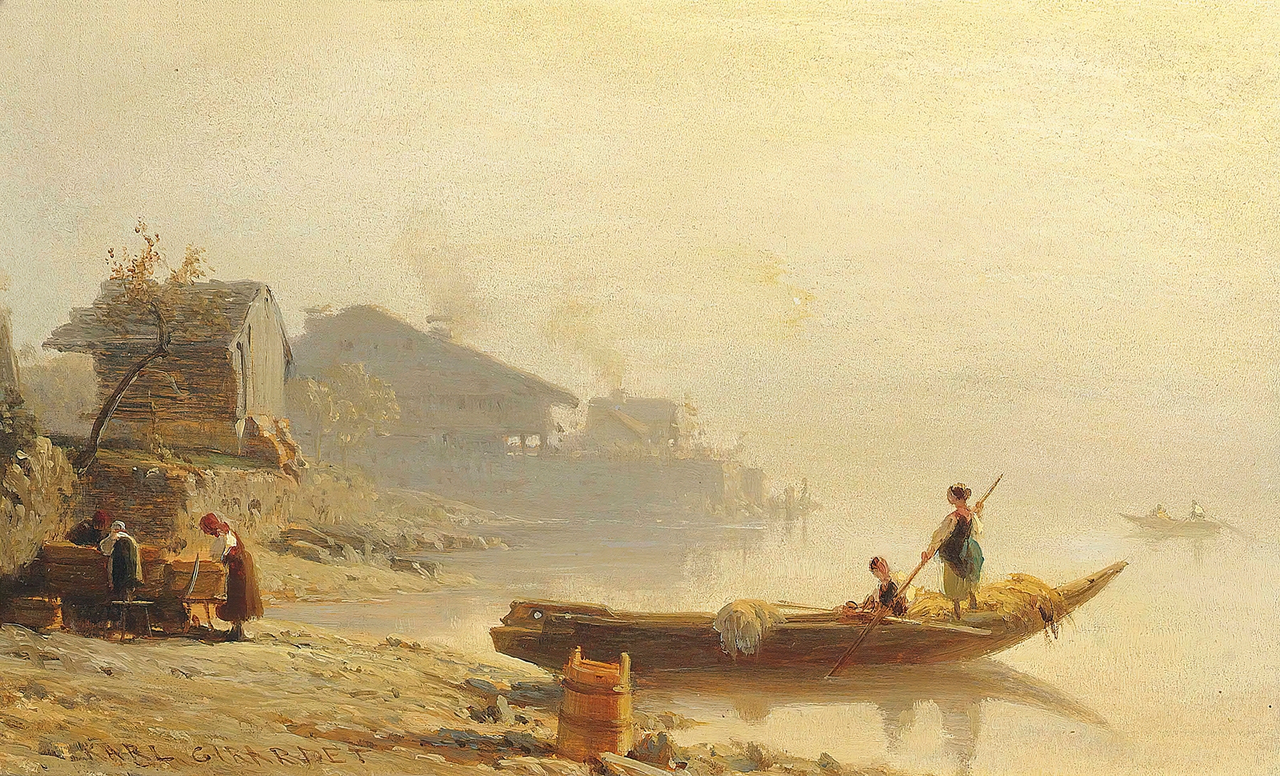 Oil painting by Karl Girardet depicting fishermen unloading their catch at sunset.