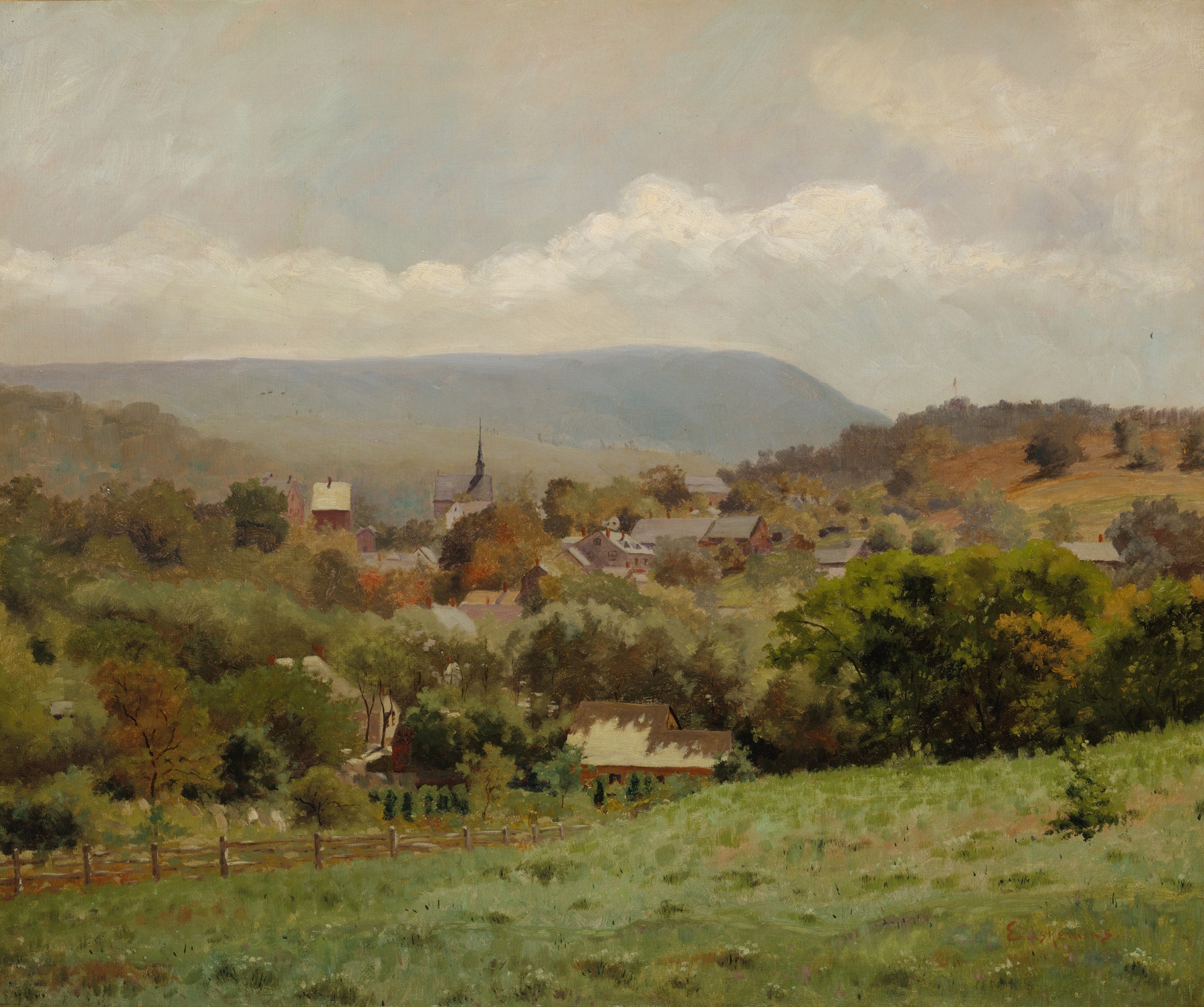 Delaware Water Gap Village by Louis Michel Eilshemius, oil on canvas depicting a tranquil village landscape.