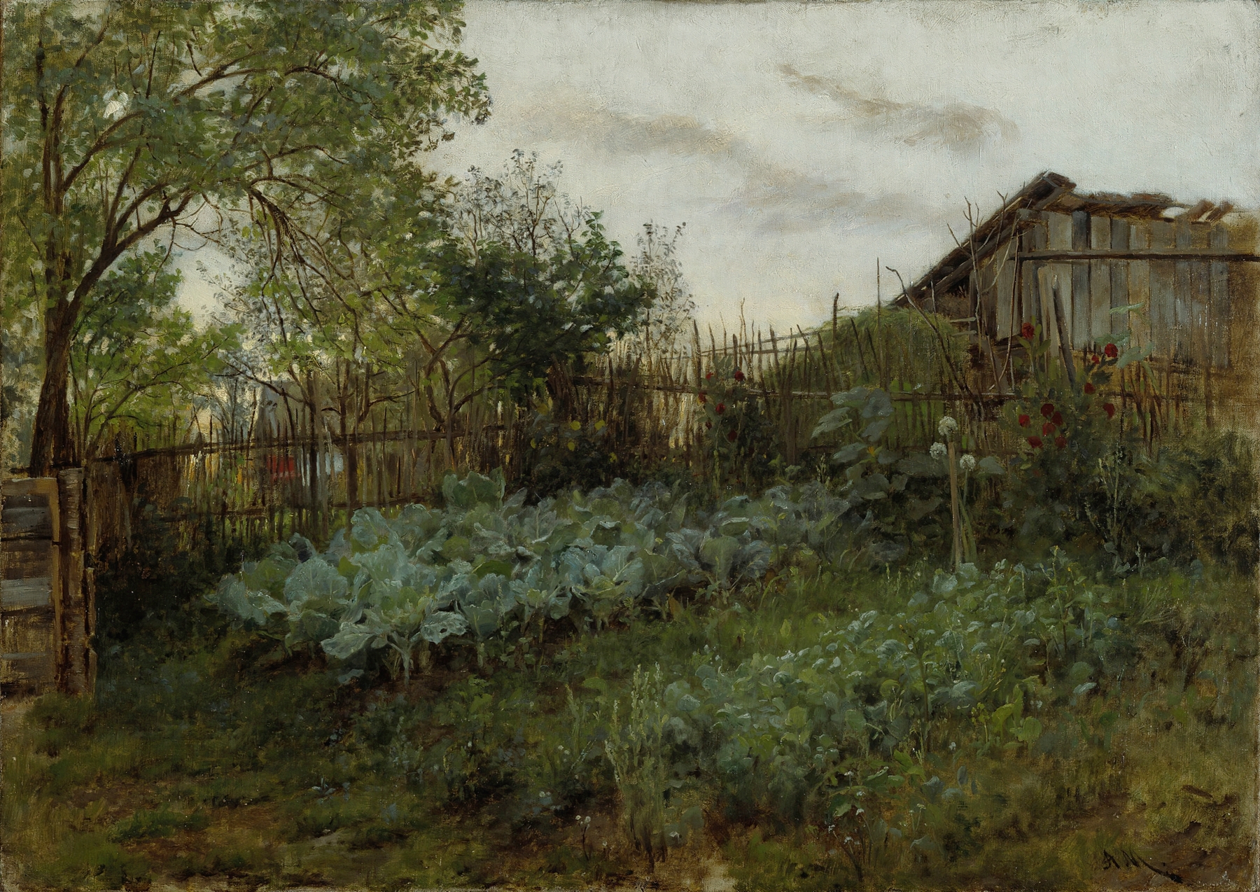 The Back Garden by Adolph von Menzel, oil painting of a figure tending to a garden.