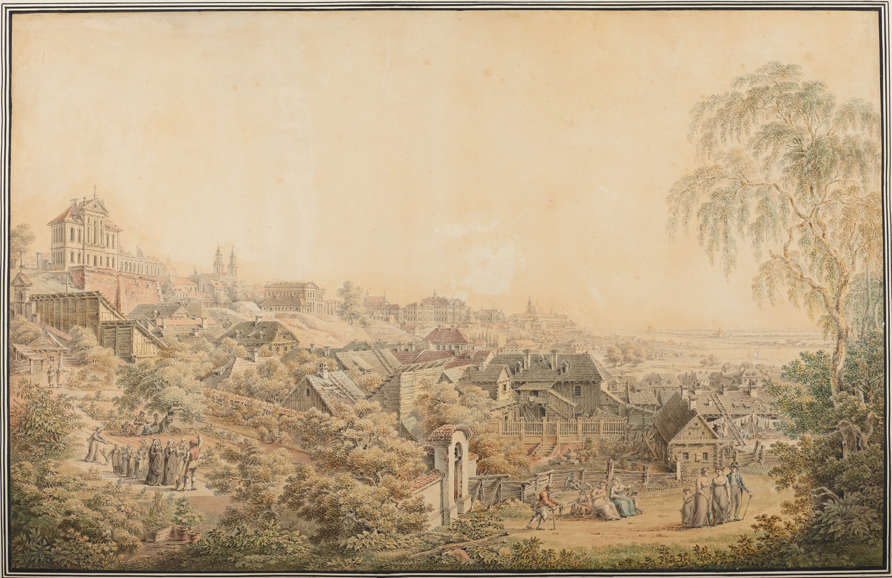 Landscape oil painting by Zygmunt Vogel depicting Warsaw's skyline and gardens.