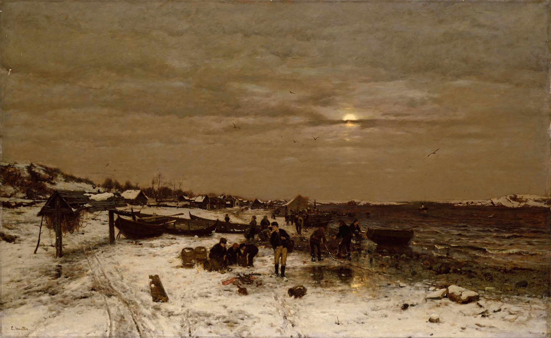 Fishing Village on the Norwegian Coast by Ludvig Munthe, oil painting depicting boats on water.