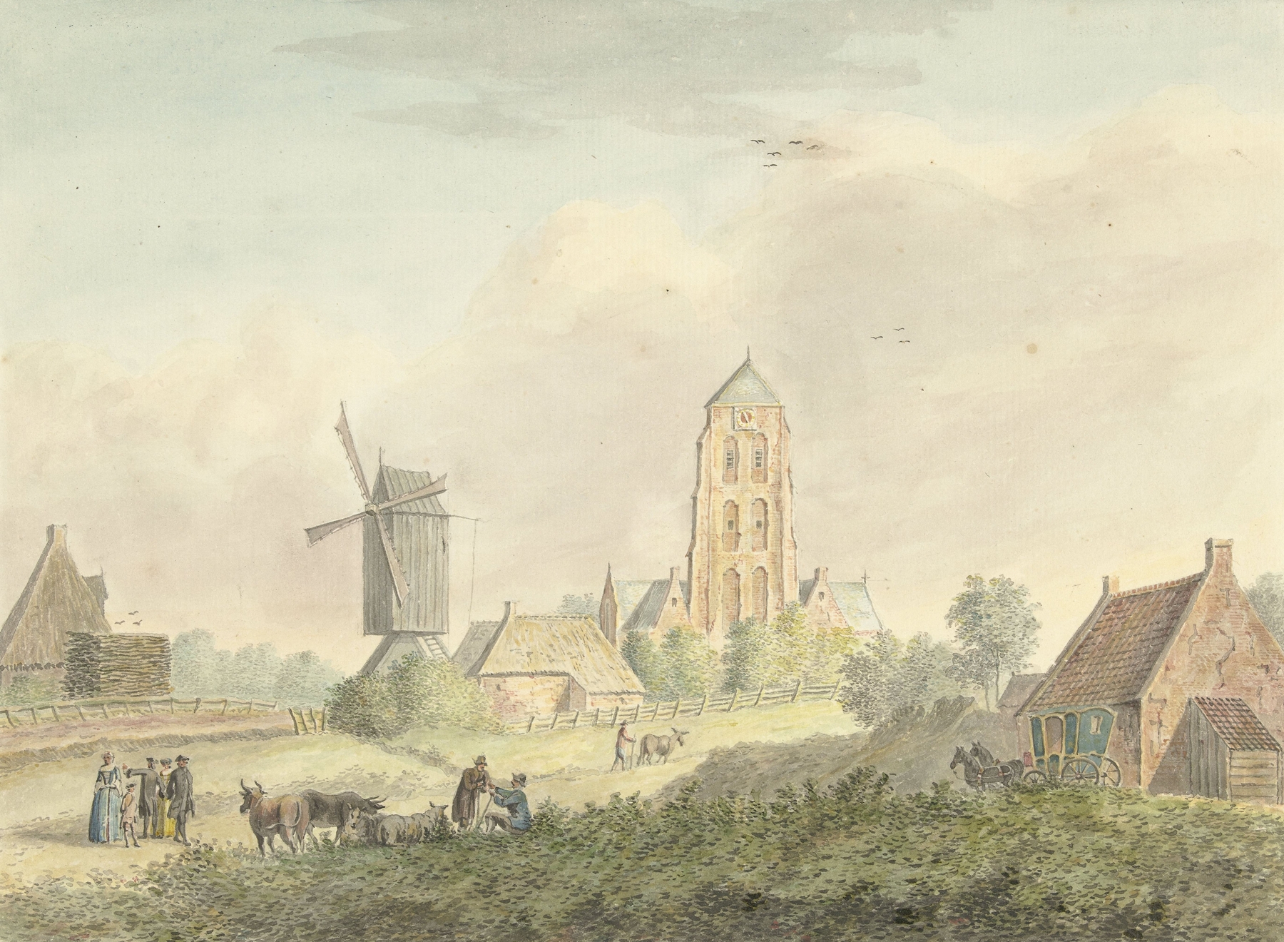 Kerk van het dorp Westkapelle in Zeeland by Hermanus Petrus Schouten, oil on canvas depicting a church.