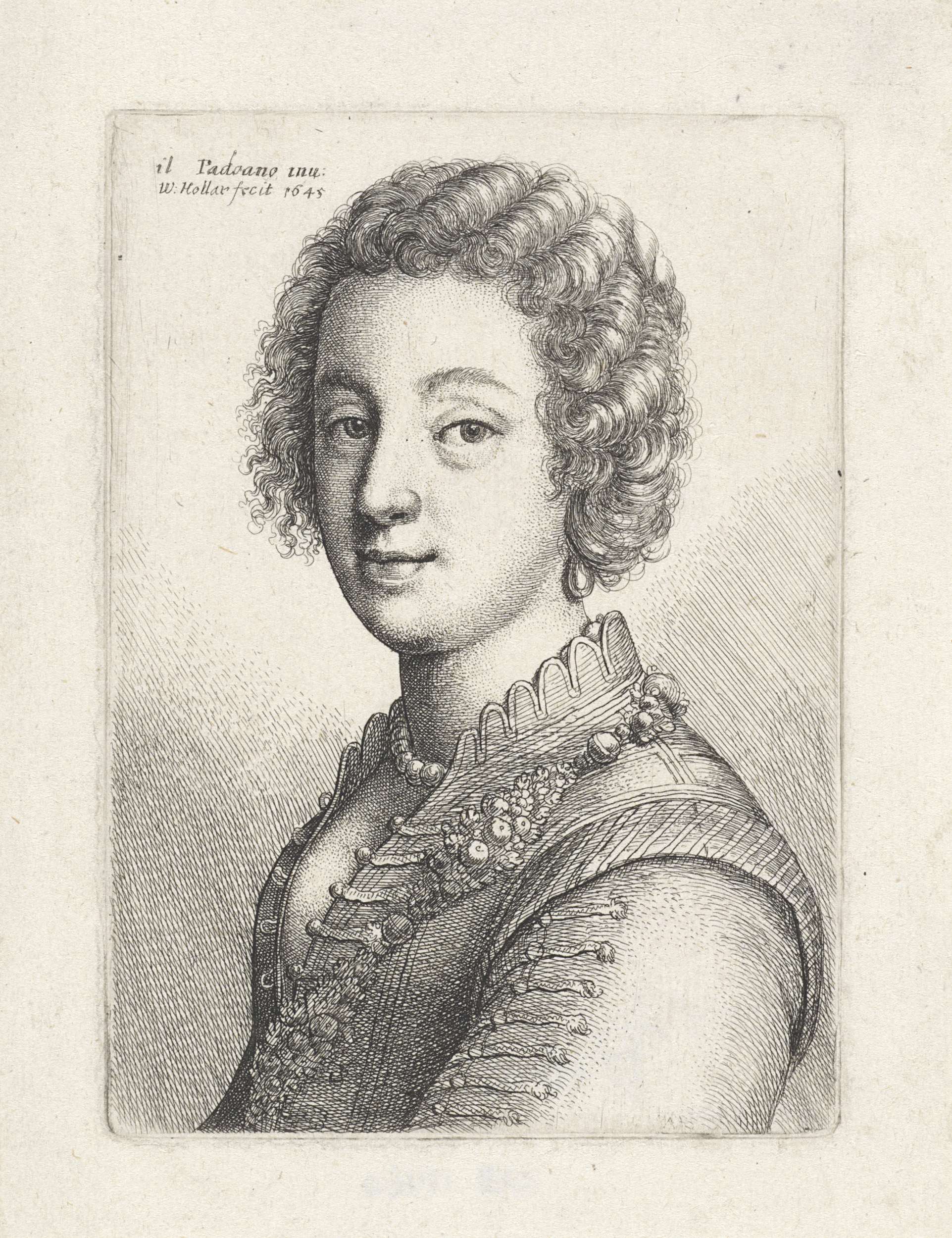 Etching by Wenceslaus Hollar of a young woman with short curly hair and an expressive gaze