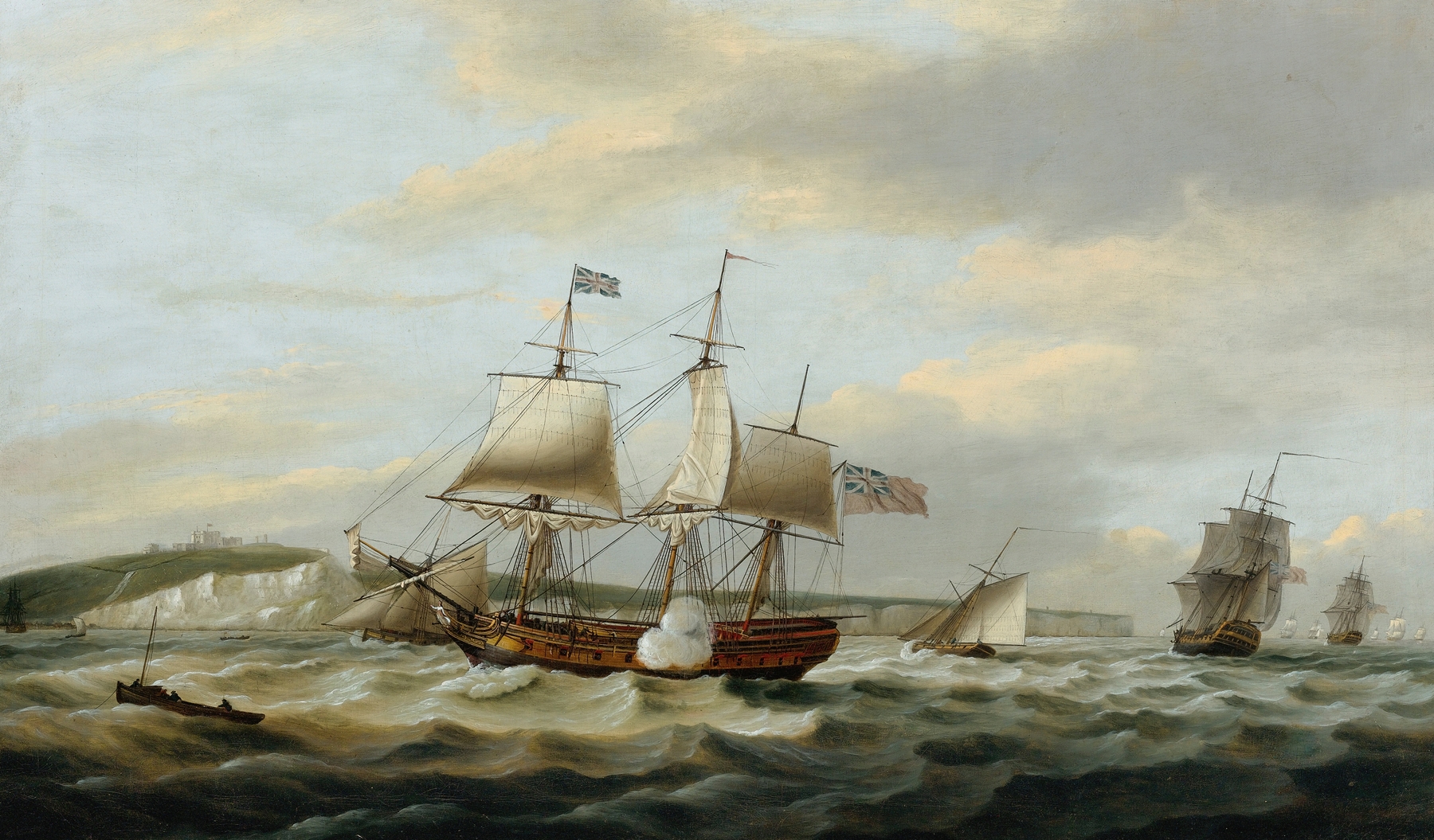 A merchant ship signaling for a pilot off the cliffs of Dover, oil on canvas by Thomas Luny