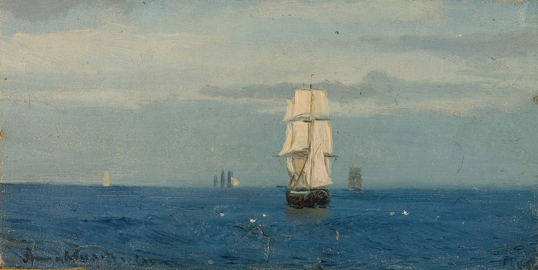 Morgenstemning, Atlanterhavet by Amaldus Nielsen, oil on canvas depicting a serene dawn over the ocean