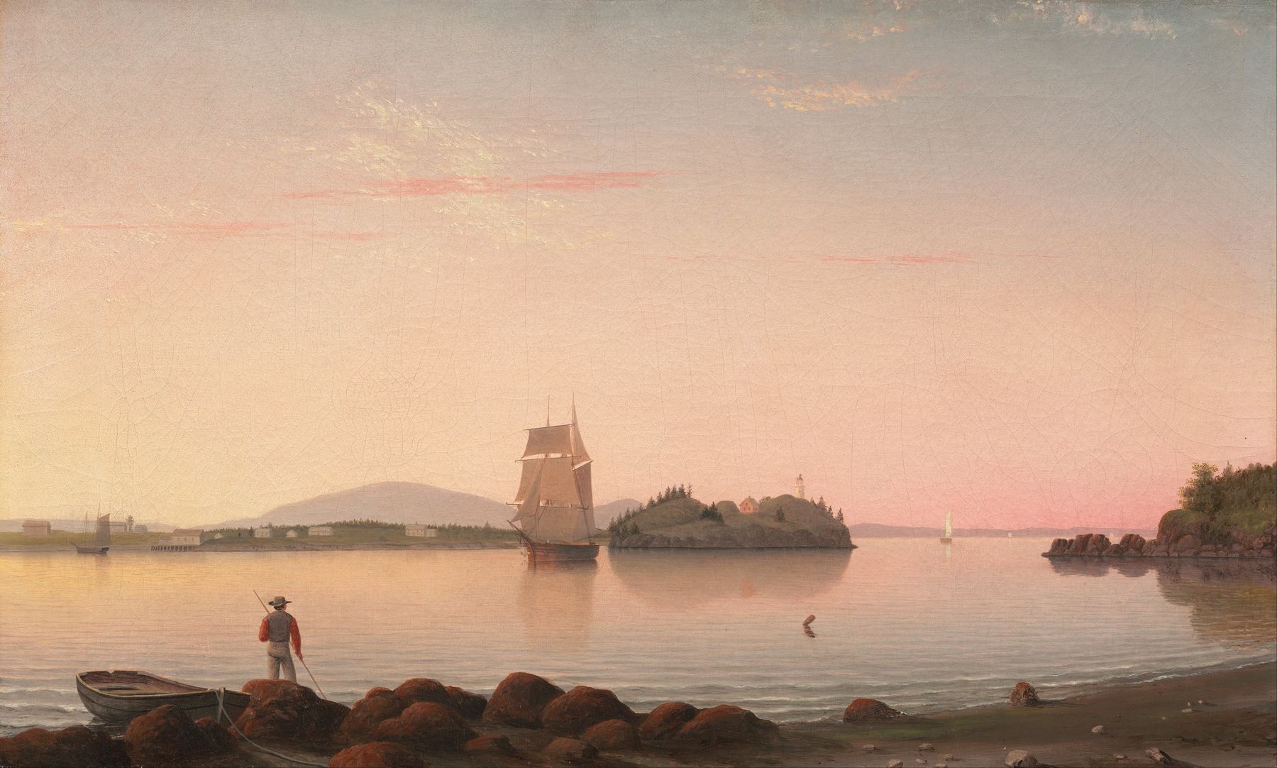 Owl’s Head, Penobscot Bay, Maine by Fitz Henry Lane, oil painting depicting cliffs and ocean at sunset