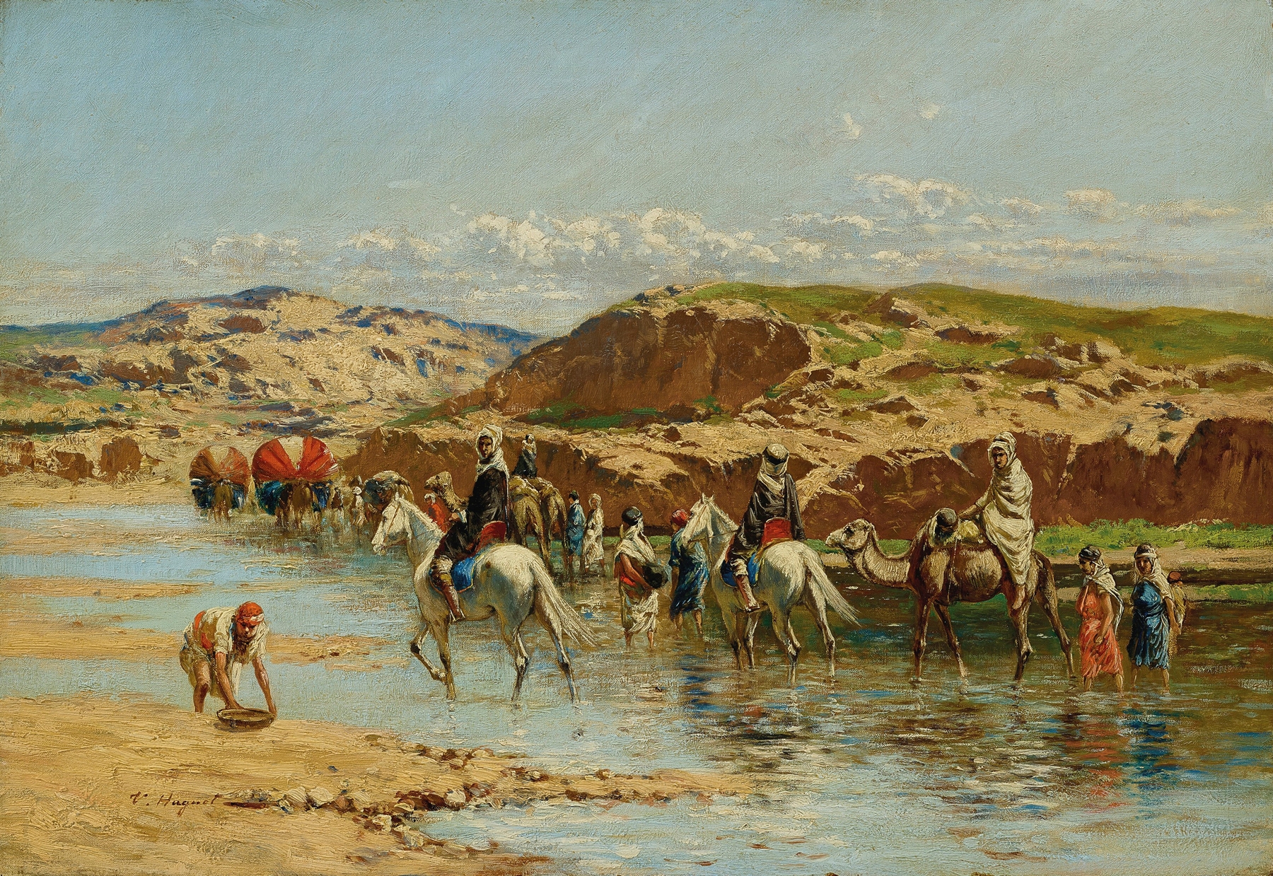 Fording a River, Algiers, by Victor Huguet, public domain
