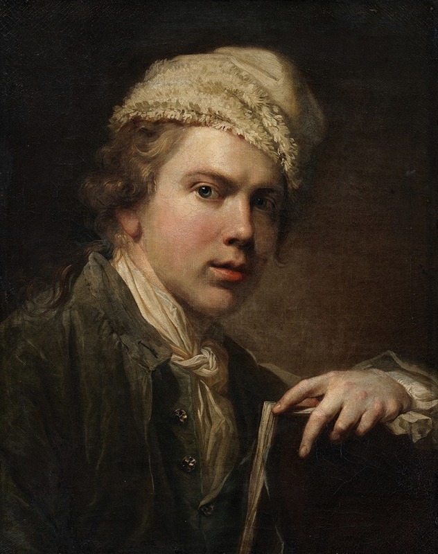 Self-portrait of artist Jens Juel holding a portfolio.