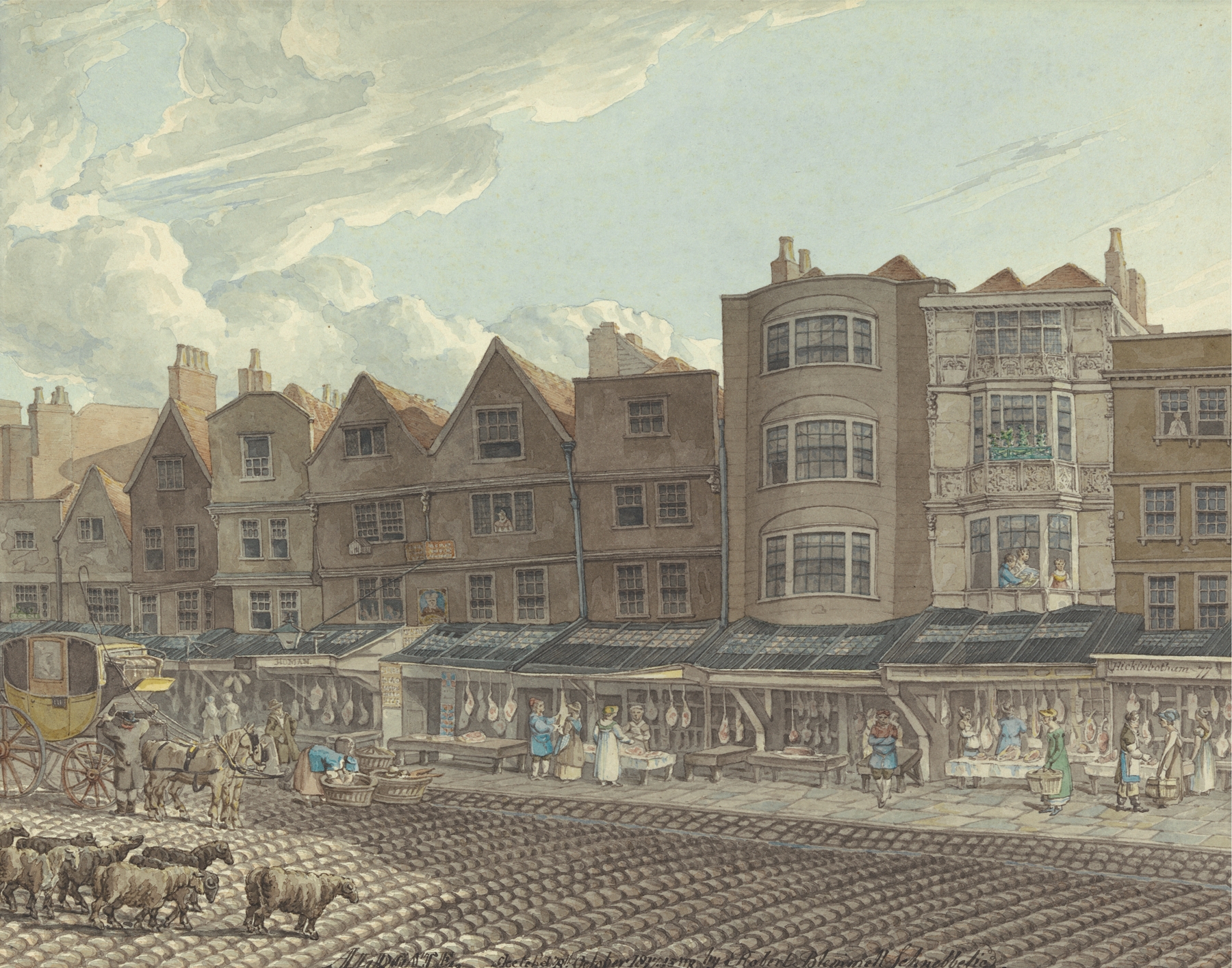 Aldgate by Robert Bremmel Schnebbelie, watercolor on paper depicting a dreamlike street scene