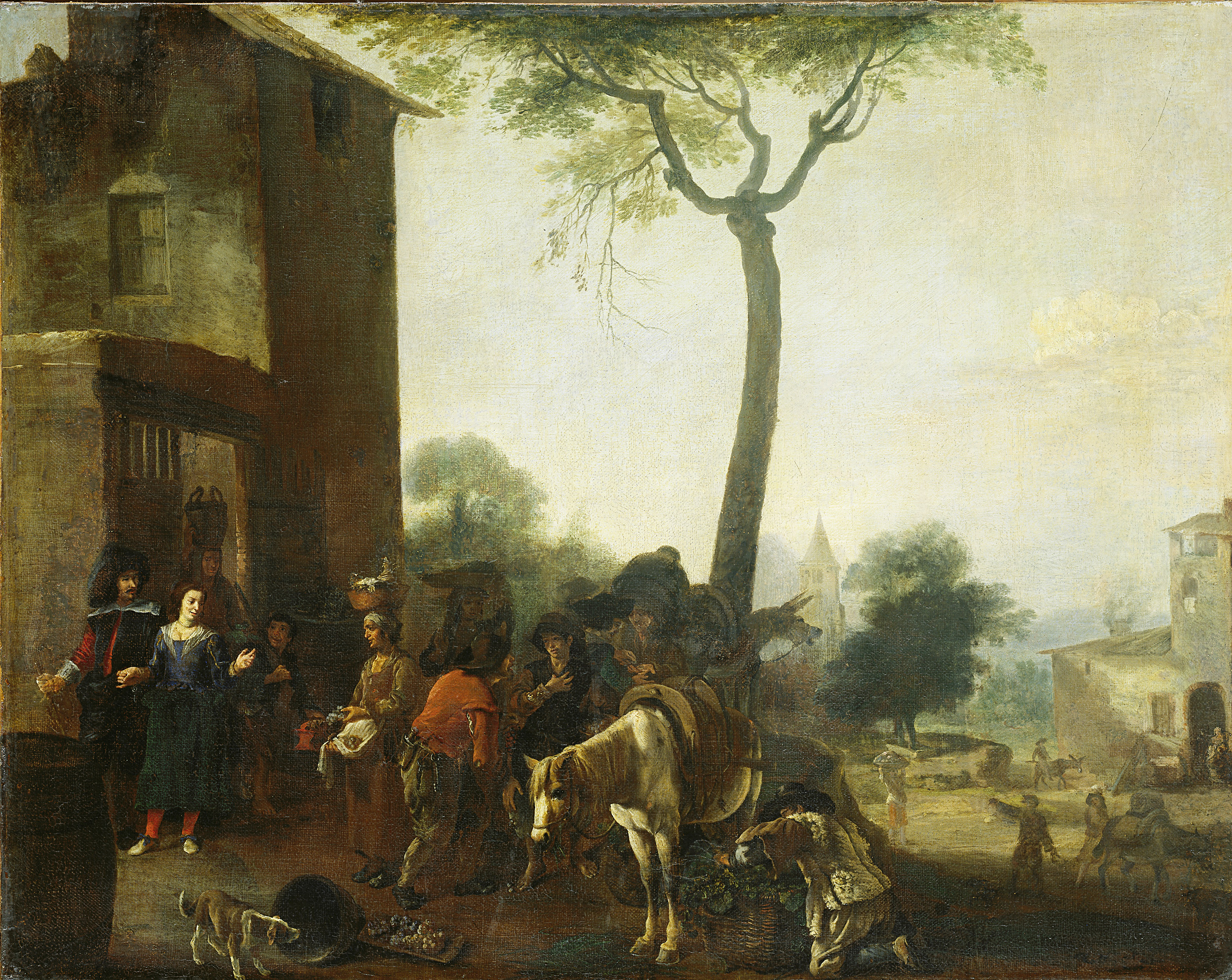 Harvesting the Vines oil painting by Pieter Bodding van Laer depicting figures working in a vineyard.