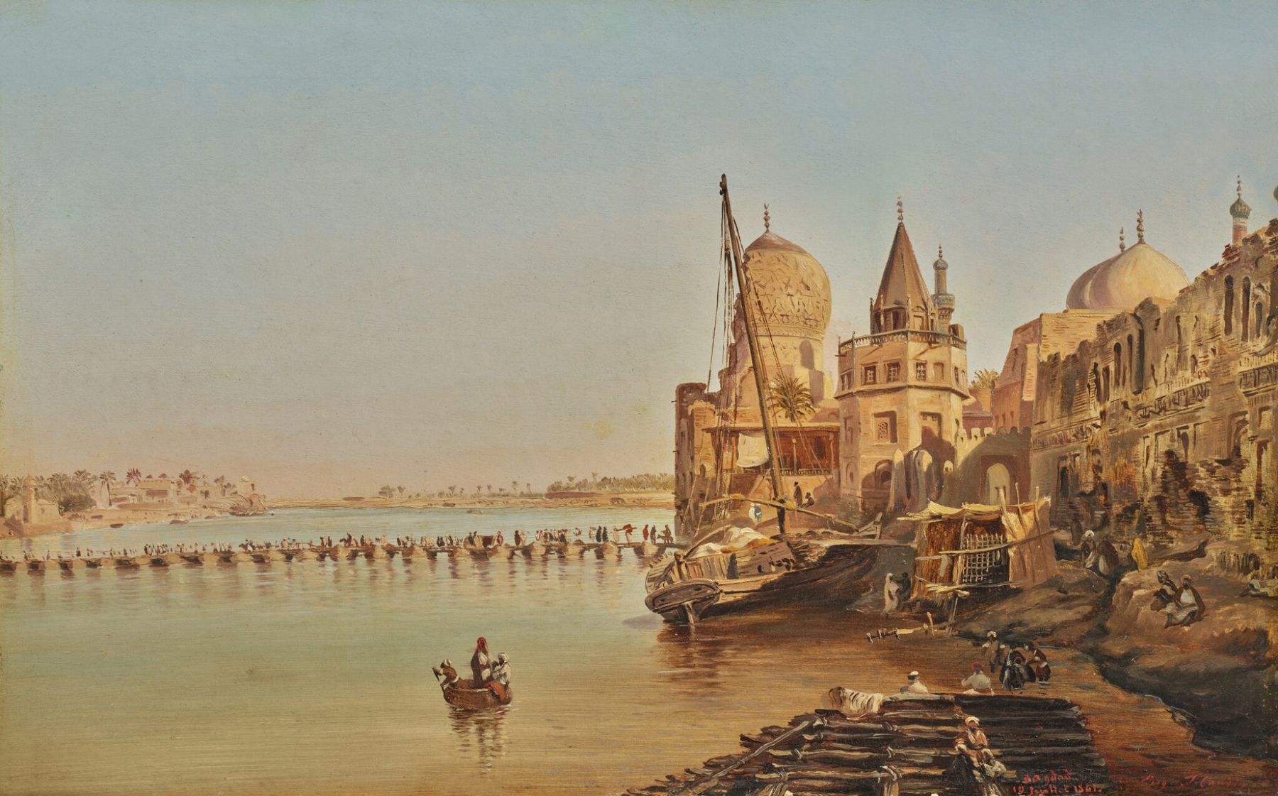 The Old Boat Bridge, Baghdad, by Eugène Flandin, public domain