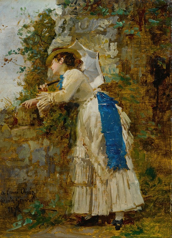 A portrait of a woman holding a parasol in a serene outdoor setting.