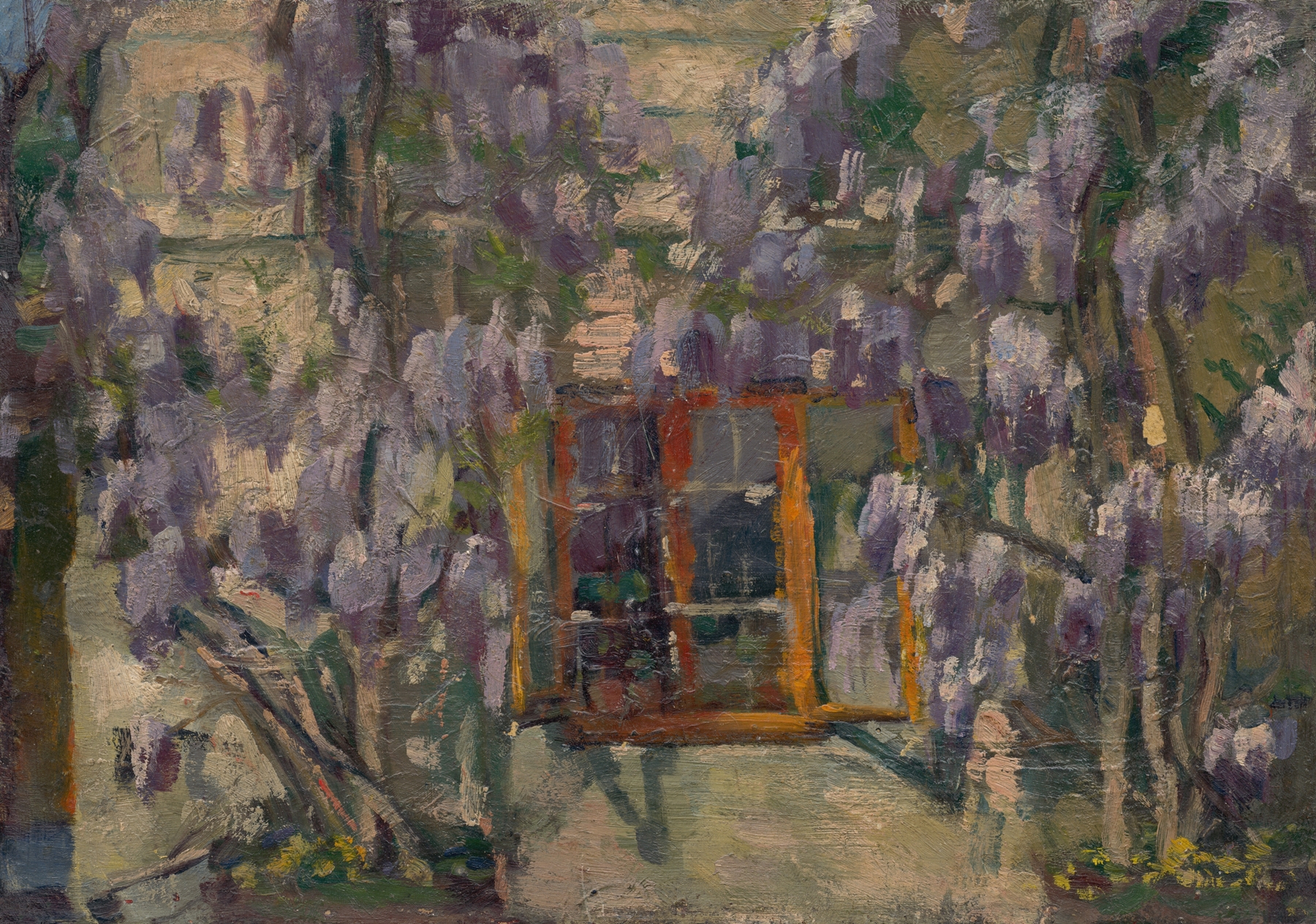 Garden Motif by Ľudovít Pitthordt, oil on canvas depicting sunlight and flowers.