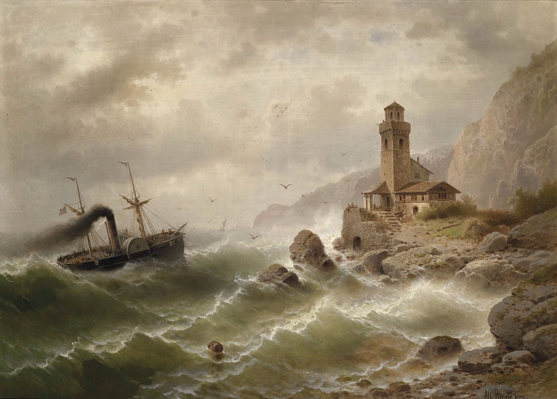 Dampfschiff vor der Küste, oil on canvas by Albert Rieger, featuring a steamer on the ocean.