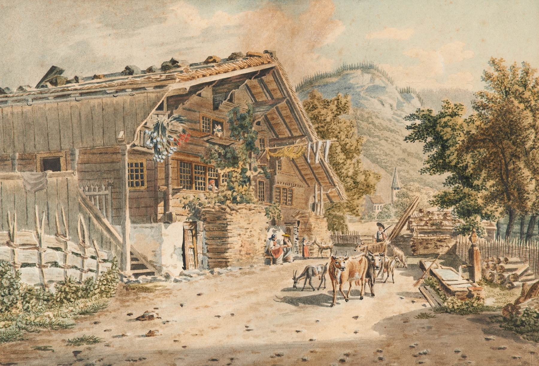 Bauernhaus und Strasse in Meiringen, by Franz Niklaus König, public domain