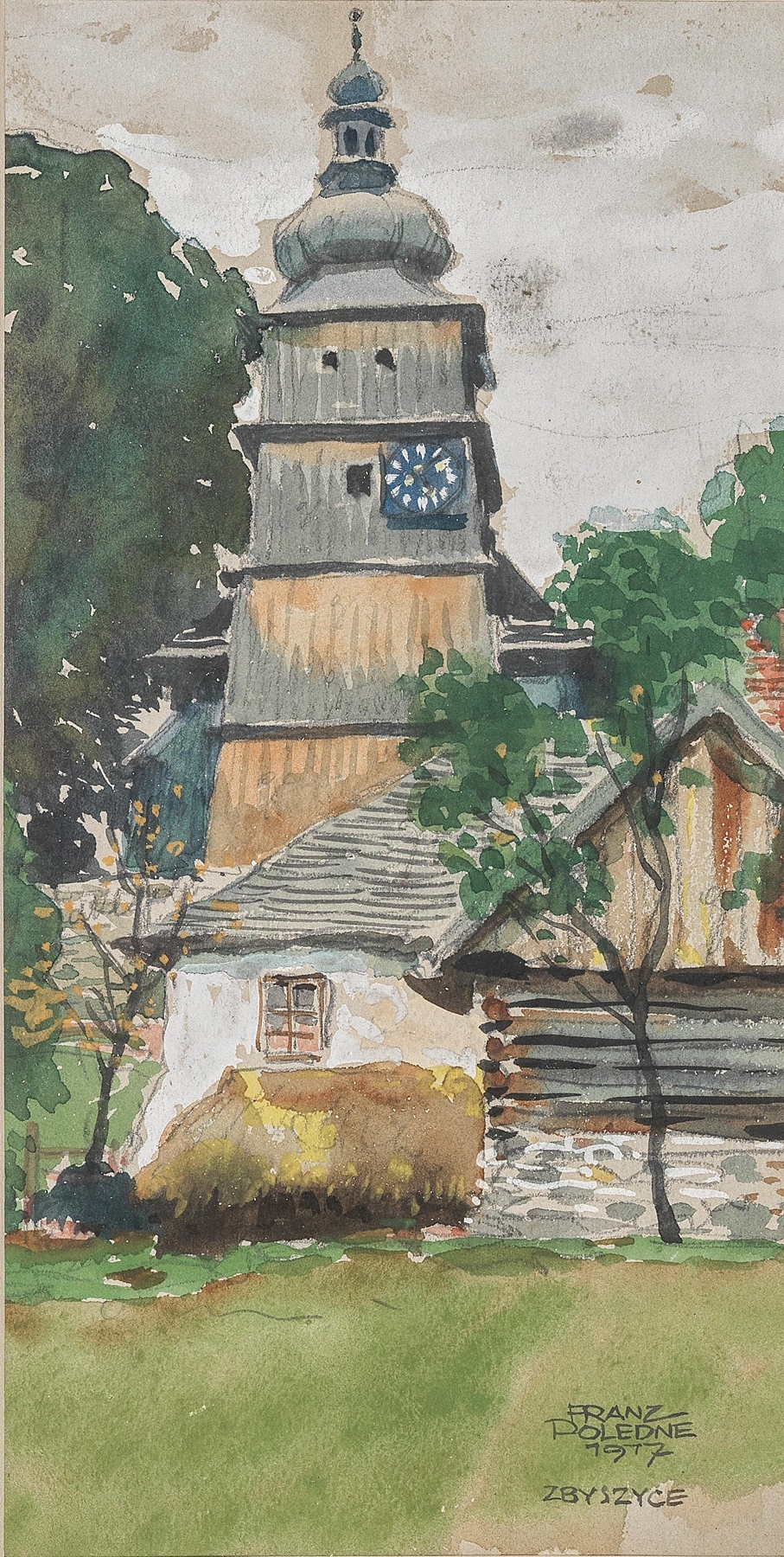 Oil painting by Franz Poledne depicting a church tower in a tranquil landscape.