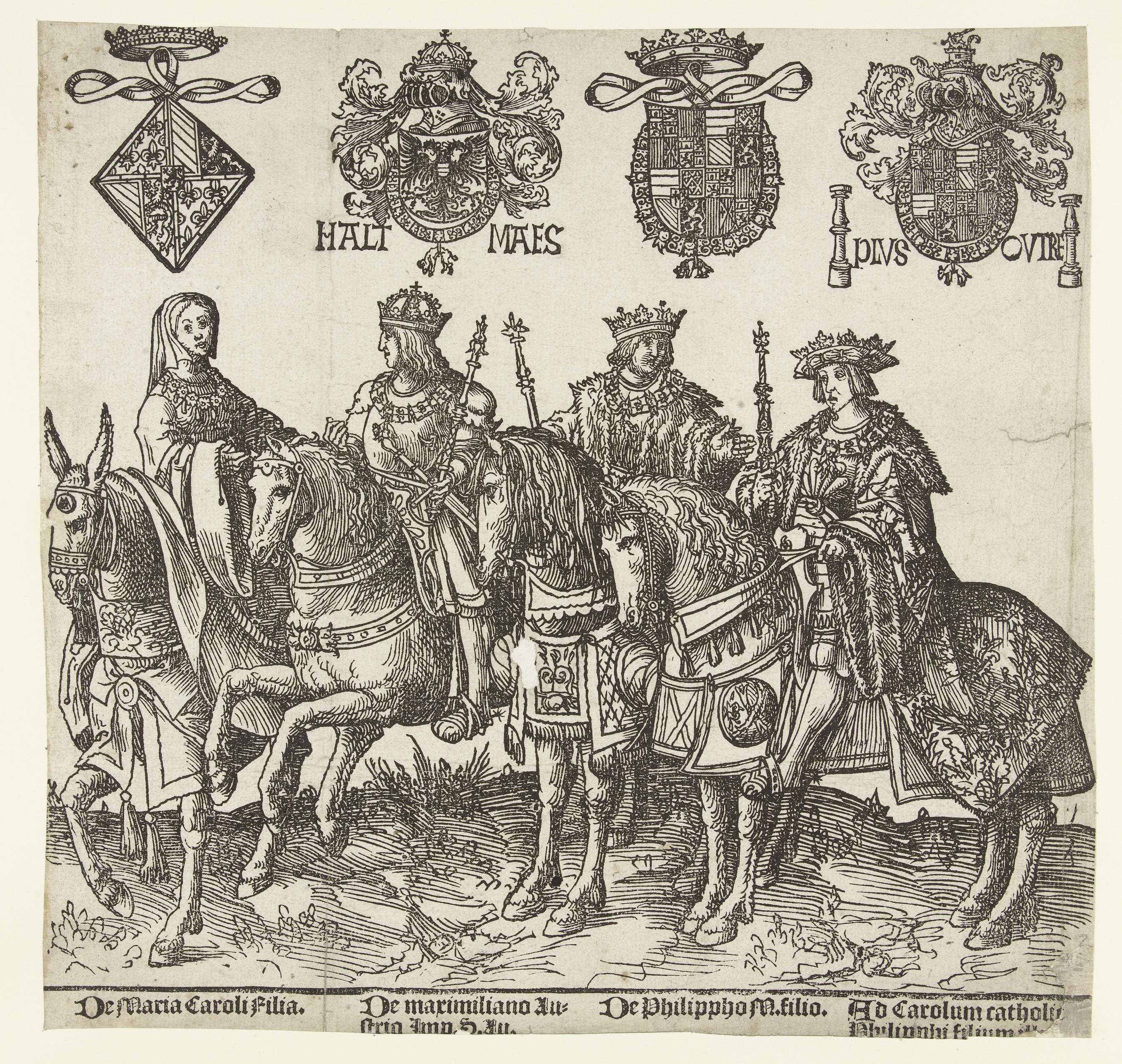 Portrait of Maria van Bourgondië, Maximiliaan I, Filips de Schone en Karel V, paper by Jacob Cornelisz van Oostsanen