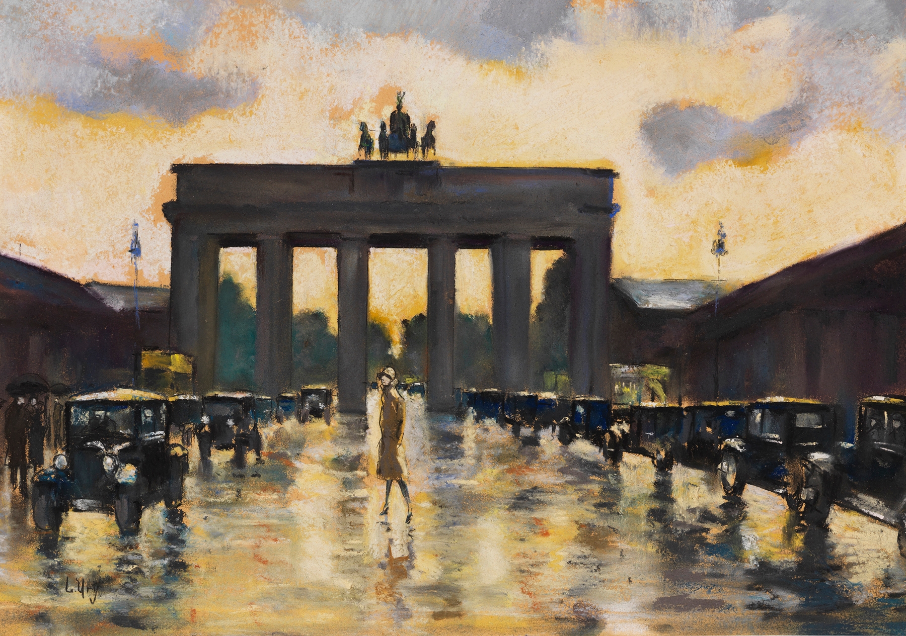 Brandenburger Tor vom Pariser Platz aus gesehen, by Lesser Ury, public domain