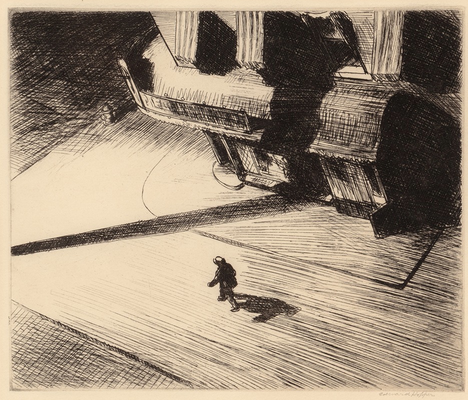 Edward Hopper's 'Night Shadows' captures the interplay of light and shadow in an urban setting.